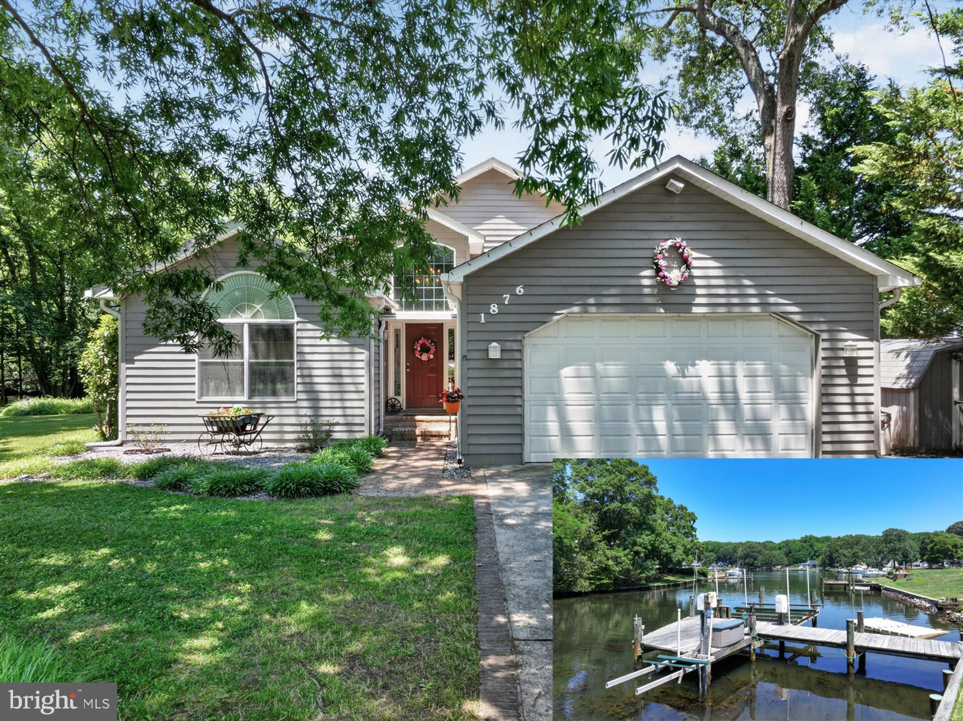 Completely rebuilt in the late 1990s, this waterfront home features striking curb appeal and an open floor plan on a picturesque 0.53-acre lot. Enter through a dramatic two-story foyer into the entry level which includes a formal dining area, two generously sized bedrooms and a full bath. A half flight of stairs leads to the lofted great room with an open plan that integrates the kitchen with center island (cooktop & wall oven), granite countertops, black French-door refrigerator, dining area and living room beneath soaring cathedral ceilings. The great room's living area features a stacked-stone fireplace with a gas (LP) insert—ideal for Maryland’s cooler months. Sliding doors from the great room open to a large composite deck with vinyl rails overlooking the scenic tributary where waterfowl thrive and owners have enjoyed years of crabbing. The primary suite, positioned for water views, includes a private full bath and cathedral ceilings. The fully finished lower level offers a second living space with an accent wall of stacked stone, stacked stone dry bar, a generous laundry/work room, and walkout access to the waterfront patio, hot tub, yard and private pier. The property features approximately 150' of water frontage on Wharf Creek of the Bodkin, a private pier with a 15,000 lb boat lift, PWC lift (set up for 1 with weight capacity for 2), and average water depth of 4'.  Additional amenities include an attached two-car garage, with a private, conditioned room perfect for a home office, a separate workshop/she-shed with A/C unit, an additional storage shed, and a concrete driveway. Located near the mouth of the Bodkin and just minutes from the Chesapeake Bay, this home provides convenient access to open water, making it an appealing choice for boating enthusiasts .  In 30-50 minutes, boat to Annapolis, Rock Hall, Kent Island, the Magothy River and Baltimore. Enjoy sunrise and sunset anchoring in the basin where Main Creek and Back Creek converge near the mouth of Bodkin Creek. Walk or bike to scenic Downs Park via Green Gables pedestrian access just a few feet from your front door.  Downs Park offers trails, picnic pavilions and summer concerts. Convenient to Baltimore, Annapolis and DC, this property is ideal for full-time living or a second home. Make an appointment today and experience the Bay Life!