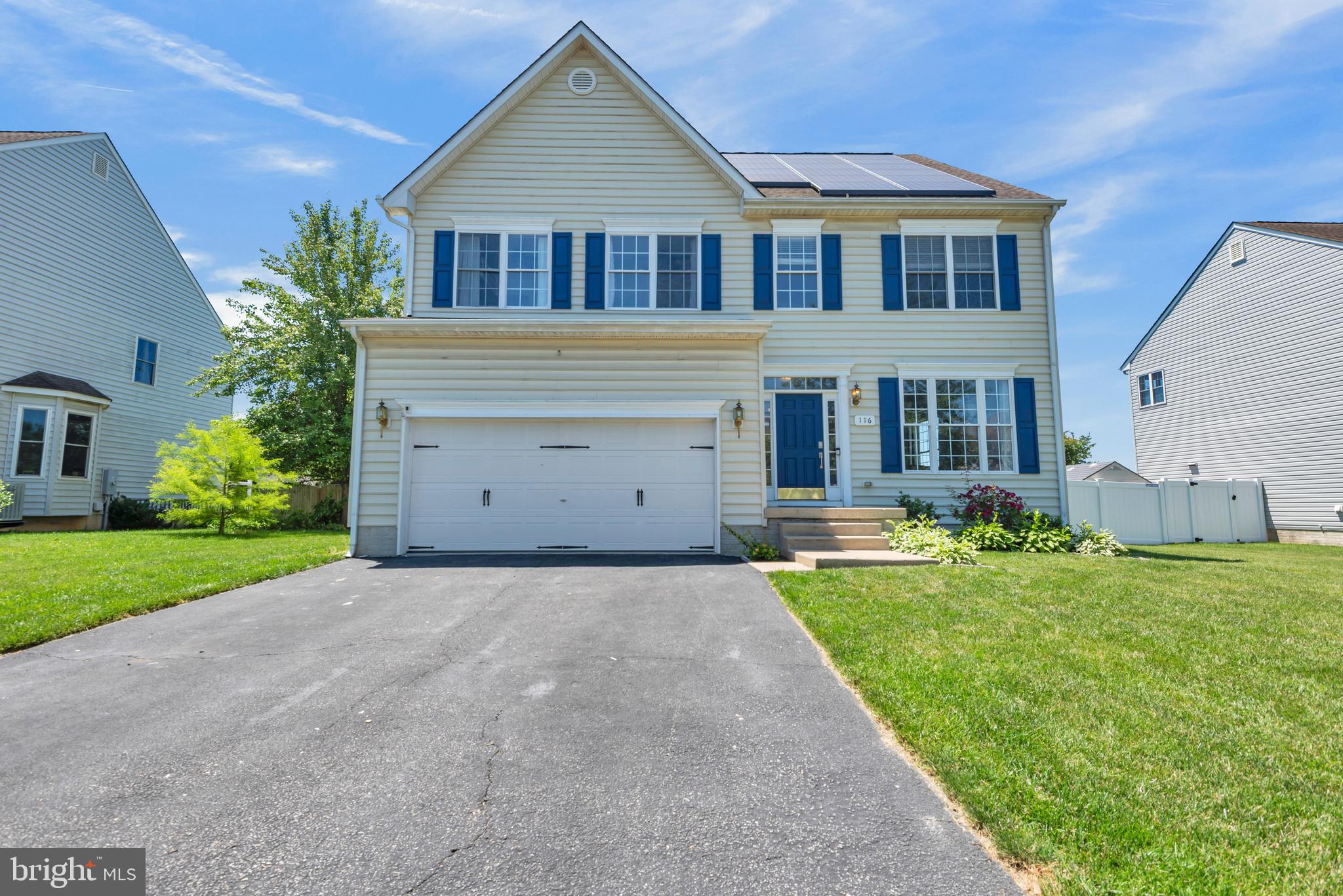 Welcome to 116 Meadow Brook Way, a spacious and beautifully maintained home located in the sought-after North Brook community of Centreville. Step inside to find an inviting open floor plan featuring updated LVP flooring, custom trim work, and freshly updated living spaces. The main level offers a formal LR and DR areas, home office, along with a dramatic two-story family room highlighted by a cozy gas fireplace. The spacious kitchen boasts abundant cabinetry, brand new granite tops, a center island, and flows seamlessly into the bright sunroom bump out, creating the perfect setting for everyday living and entertaining. Upstairs, you'll find four generously sized bedrooms, including a spacious primary suite featuring dual walk-in closets and a luxurious spa like bath with double vanities, a soaking tub, and separate shower. The additional bedrooms offer plenty of space for family and guests. This basement is one of kind with fully finished rec room and the remainder of the basement partially finished walls and exposed beams perfect for his man cave, kid hangout, or family enjoyment.  Additional space for future buildout including a 3 piece rough in and ample storage and future expansion. Most exterior basement walls professionally foam insulated for extra energy savings in addition to the solar energy savings! Outside, enjoy a white vinyl fully fenced backyard with patio and plenty of room for outdoor gatherings, pets, and play.