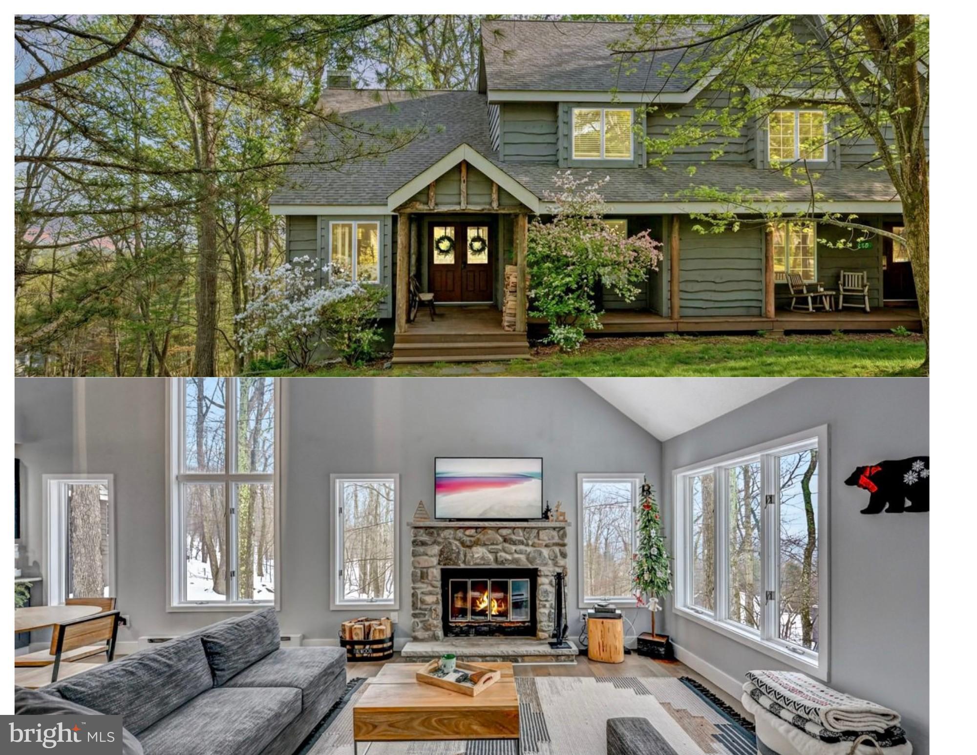 Slope-Side Sophistication in the Heart of the Poconos. A Private Mountain Escape Designed for Four-Season Living Perfectly positioned adjacent to the ski slopes in a secluded woodland setting, this exquisitely remodeled 3-bedroom, 2-bath residence offers the ultimate Pocono retreat -- where refined design meets effortless mountain living. From the moment you enter through the dramatic double doors, you're welcomed into a light-filled interior defined by soaring cathedral ceilings and walls of floor-to-ceiling windows that frame the natural beauty outdoors. The open-concept living space blends warmth and elegance, anchored by a wood-burning fireplace -- the perfect après-ski gathering spot on winter evenings. Extensively updated throughout, the home features new wood flooring, fresh designer paint, a stunning new kitchen with quartz countertops, custom cabinetry, and stainless steel appliances. Both bathrooms have been fully remodeled, including a luxurious primary suite with an oversized tiled walk-in shower. A newly constructed four-season room with custom oversized windows offers breathtaking woodland views, providing a serene space to relax in every season. Offered for immediate enjoyment or turnkey investment potential. Just 90 minutes from NYC, New Jersey, and Philadelphia with convenient access, and short-term rentals permitted--an extraordinary opportunity for both personal retreat and income-producing property.