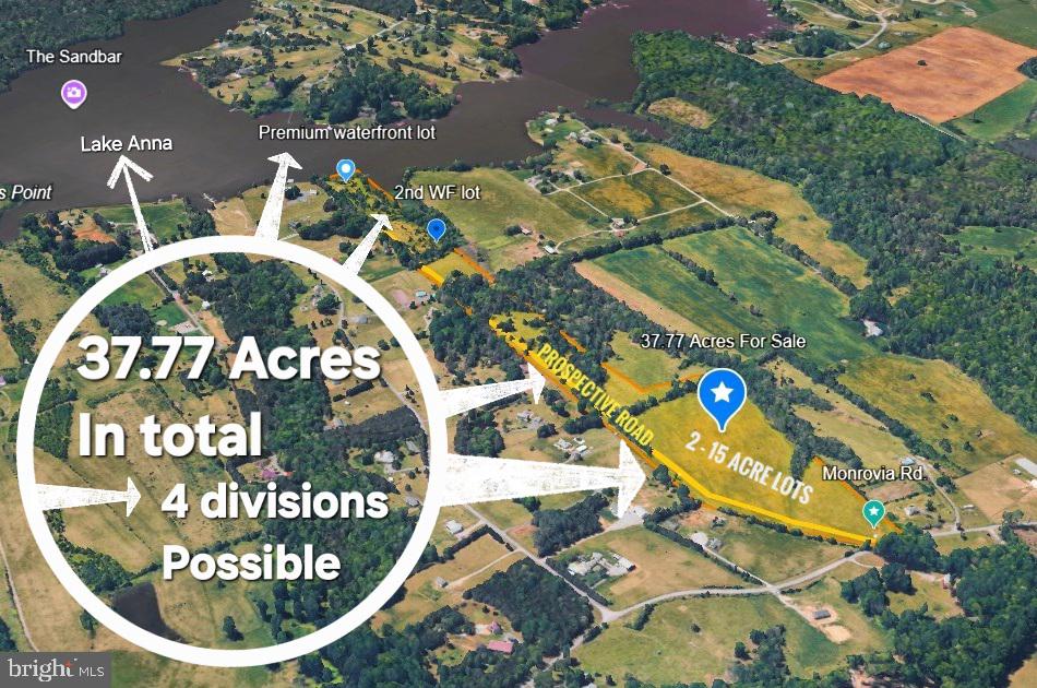 Investment Property. Bring Offers. 37.77 total acreage. Parcel C= 3.02 acres= premium waterfront lot.  Property can have 2 Waterfront Lots and 2 / 15 acre Lots at Monrovia Rd.  Access Road will be put in (see plat)  Property is on Spotsylvania Annual Division plan.