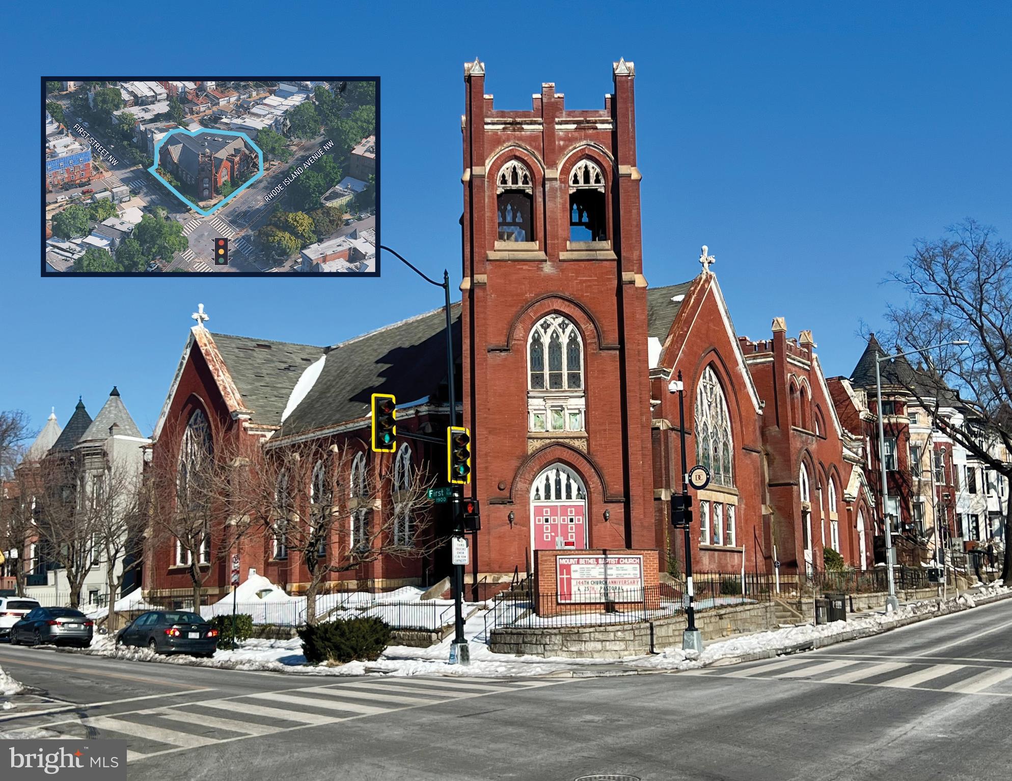 +16,000 SF Prominent church building located at the NEC of Rhode Island Ave and First Street NW in the Bloomingdale Neighborhood.

Large floorplate, open interior layout, and distinctive architectural character ideal for adaptive reuse.

Mixed-Use (MU-4) zoning designation allows for a broad range of commercial and residential uses.

Signalized corner location with alley access and window lines on three sides, providing excellent light, frontage, and flexible design options.

Centrally located with convenient access to Howard University, Union Market, Downtown, Catholic U, direct access to MD.