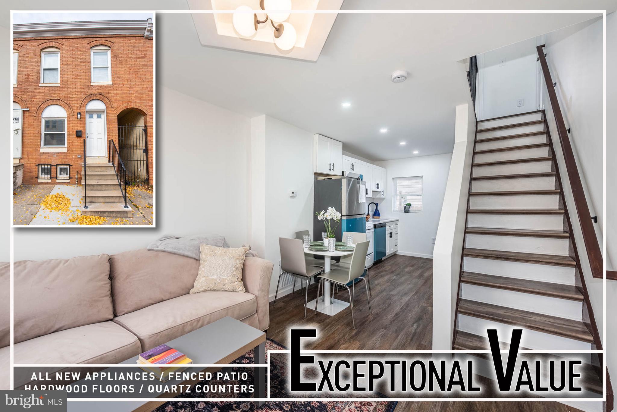 PRICED TO SELL QUICKLY!  WHY RENT WHEN YOU CAN OWN THIS RENOVATED ROWHOME FOR LESS THAN PAYING RENT!  Newly renovated and features include wood flooring throughout the main level, an inviting living room with a dining area, Chef's kitchen with Quartz counters & ss appliances, upper level with 2 generously sized bedrooms - each with a walk-in closet, and a well-appointed hall bath, an unfinished basement that is perfect for storage, and a fenced rear patio! Buyer must meet income and occupancy requirements.  Property is eligible for 10K Vacants to Value Grant - Save thousands!!