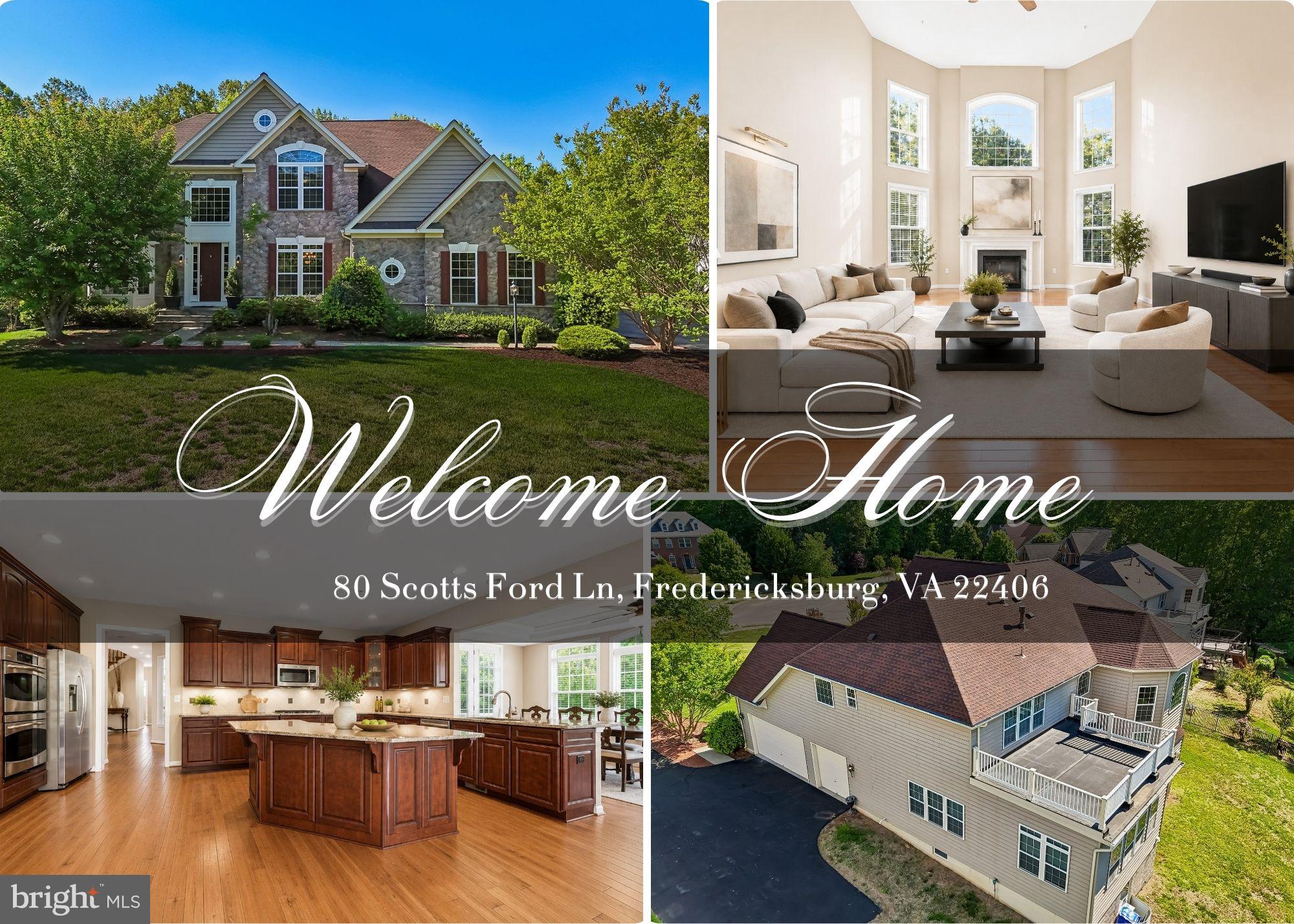 Discover unparalleled elegance and tranquility at 80 Scotts Ford Lane, a distinguished residence that redefines upscale living in Fredericksburg. Nestled on a private one-acre lot, this impressive 5-bedroom, 5.5-bath home offers over 6,000 square feet of beautifully designed living space, blending sophisticated design with effortless functionality. Thoughtfully updated for peace of mind, the home features a newer roof (2020), fresh interior paint (2025), and a newly installed sump pump (2025).

From the moment you step inside, you’re welcomed by soaring ceilings, rich hardwood floors, and an abundance of natural light that fills the open and inviting floor plan. Designed for both everyday living and elevated entertaining, the heart of the home is the gourmet kitchen, complete with a large center island, upgraded countertops, and a butler’s pantry that seamlessly connects to the main living and dining areas.

Designed with entertaining in mind, the home showcases expansive gathering spaces, dual staircases, and a fully finished walk-out basement complete with a recreation room, media area, additional bedroom, and full bath, ideal for guests, multi-generational living, or a private retreat.

Upstairs, the luxurious primary suite serves as a true sanctuary, offering a spacious layout, spa-inspired bath, and a generous walk-in closet. Additional bedrooms provide comfort, flexibility, and ample space for family and guests alike.

Step outside to experience the privacy and serenity of your expansive lot, offering the perfect backdrop for outdoor entertaining or peaceful evenings in a quiet, natural setting.

Ideally located just moments from Lake Mooney, local golf courses, shopping, dining, and with convenient access to I-95, this home offers the perfect balance of tranquility and accessibility.

With its grand scale, refined finishes, and exceptional location, this home delivers a lifestyle of comfort, elegance, and distinction.  Welcome home!