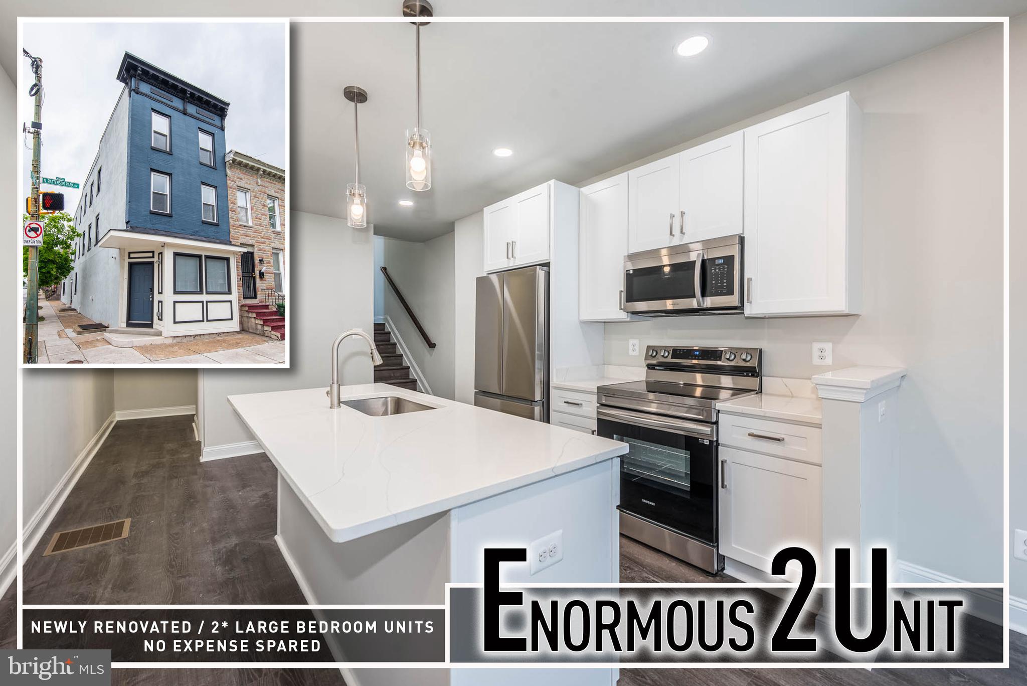 Rare opportunity to own a stunning, fully renovated end-of-group duplex in the heart of Patterson Park offering over 2,800 sq. ft. of beautifully finished living space and exceptional income-producing potential. This impressive multifamily property features two expansive 3-bedroom, 3.5-bath units, each thoughtfully designed with modern finishes, spacious layouts, and abundant natural light pouring through oversized windows. Separately metered for convenience and efficiency, both units showcase wood flooring throughout, gourmet kitchens appointed with sleek Quartz countertops, stainless steel appliances, custom cabinetry, and stylish fixtures that perfectly blend comfort and contemporary design.  The well-designed floor plans offer generously sized bedrooms situated on separate levels, creating ideal privacy and flexibility for roommates, guests, or multigenerational living. Every detail has been carefully updated, including brand-new roof, windows, HVAC systems, plumbing, electrical, and more, providing truly turnkey ownership with minimal maintenance for years to come.  Perfectly positioned just moments from Patterson Park and in close proximity to Johns Hopkins Hospital and Medical Campus, this property offers outstanding rental appeal for medical students, residents, traveling nurses, and healthcare professionals seeking high-quality housing near work and city conveniences. Whether you are an investor looking to add a high-performing asset to your portfolio or an owner-occupant interested in offsetting your mortgage by renting the second unit, this exceptional property delivers versatility, style, and long-term value in one of Baltimore’s most sought-after neighborhoods.
