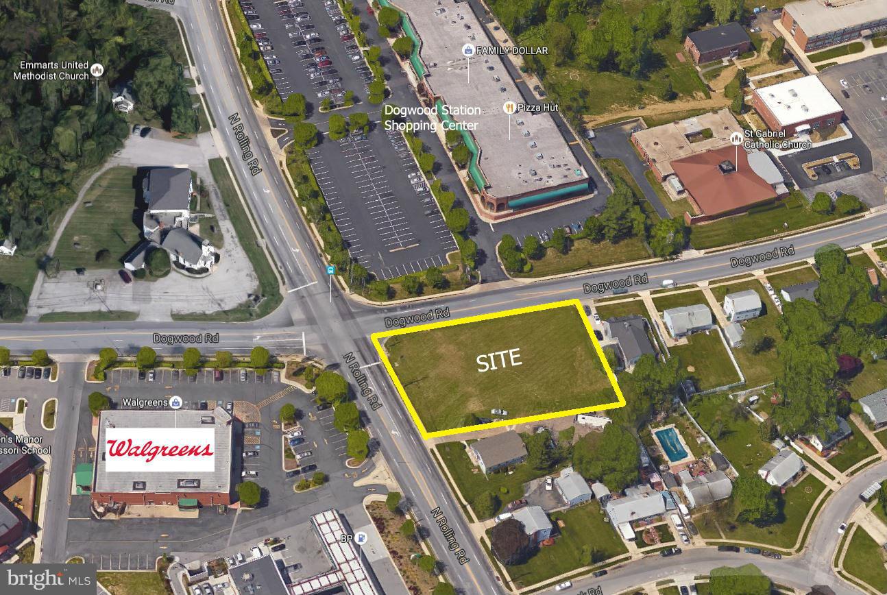 Build To Suite Opportunity.  07-acre undeveloped parcel in total located at signalized intersection with great frontage and exposure.  Located immediately across a freestanding Walgreens Pharmacy and the Dogwood Station Shopping Center. 140 feet of frontage on N. Rolling and 225 feet on Dogwood Road. Zoning allows for a wide variety of retail, commercial and general business use. All public utilities including water,  sewer, natural gas,  electricity, telephone and cable serve the property.

Less than a mile north of Security Boulevard via Rolling Road.