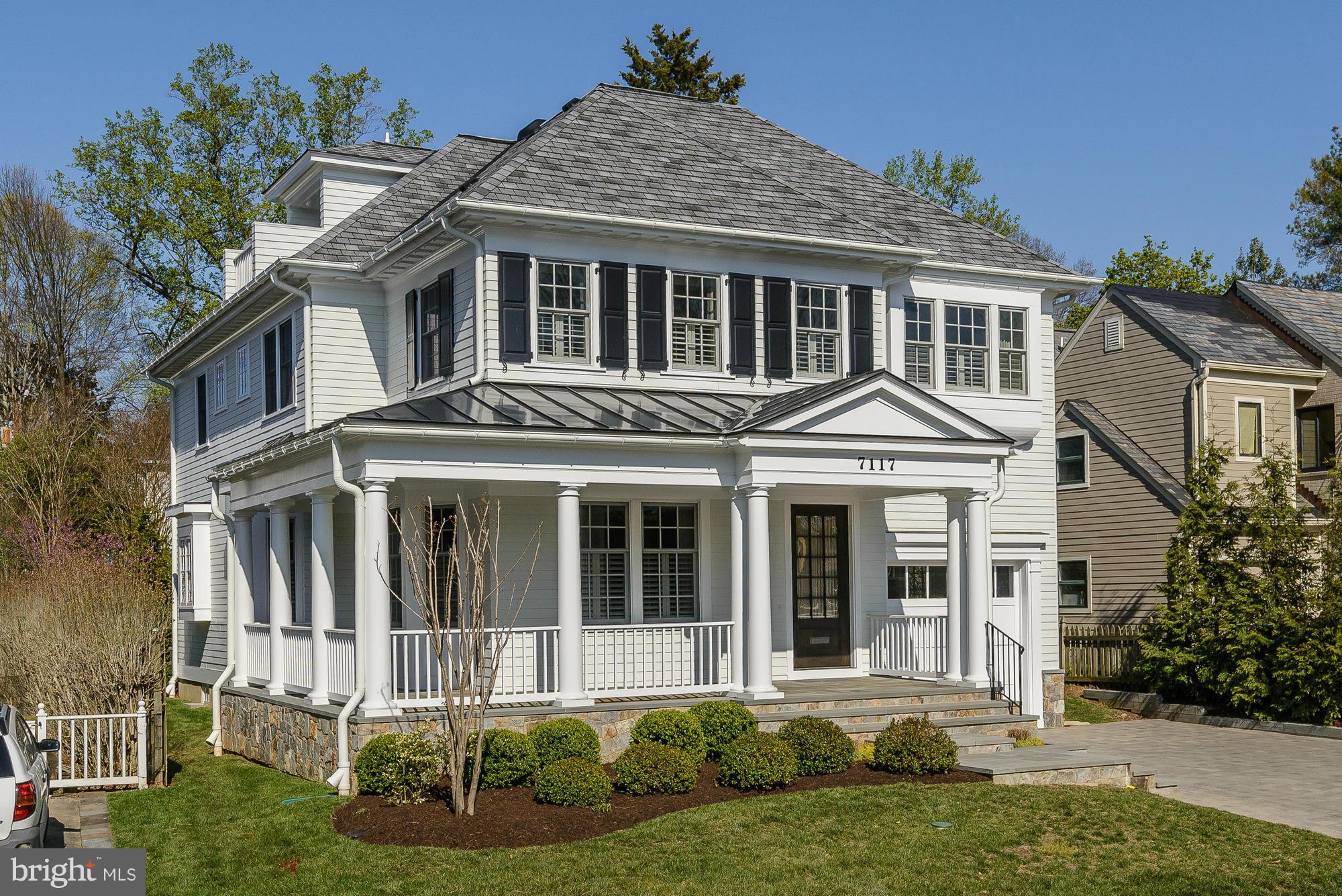 A charming wrap-around front porch welcomes you to this stunning custom home built by Sandy Spring Builders. 6 BRs, 5.5 Baths, smart floor plan, desirable features include high ceilings, beautiful woodwork detail & lots of light. Gourmet Kit. opens to Fam. Rm, lux Master Suite, approx. 5,068 Sqft of fin. space, 1 car attached garage, easy walk to downtown Bethesda.