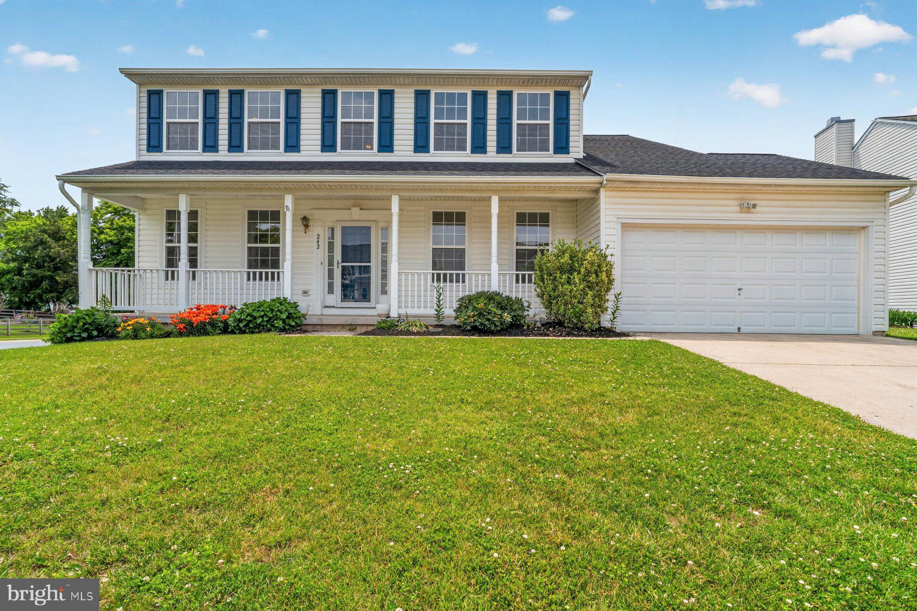 Beautifully maintained and move-in ready, this 4BR/2.5BA colonial sits on a perfectly manicured corner lot in the desirable community of Meadowbrook. Park in the double wide driveway, pass the lush green lawn and pruned landscape beds, proceed to the covered front porch, and enter the front door to your new home. Step inside to a home filled with natural light, high ceilings, luxury flooring, and a freshly painted interior in a neutral color palette. The main entrance vestibule offers a view into the open concept main living area with a formal dining room on the right and a newly carpeted room to the left. Step into the large family room which is open to the dining area and stunning kitchen. The kitchen offers plenty of cabinets, a separate pantry closet, stainless steel appliances, new quartz countertops, and a stainless sink under a window. The kitchen also has direct access to the garage. Just off the family room is a half bath and a room ideal as a guest bedroom or office. On the second floor are three sizable secondary bedrooms, a full bath, and a grand sized primary suite. The primary suite features a large bedroom with a walk-in closet and a newly renovated private en suite, which includes a double sink vanity, a soaking tub, and a walk-in shower. The lower level is semi-finished with plumbing roughed-in for an additional bath in the future, offering additional possibilities to accommodate your family's needs. It also includes a finished room, laundry, utilities, storage, and a walk-out to the stunning back yard. From the main floor step outside to a fenced yard with tons of green space, an above ground pool with a deck, fire pit, playground, shed, and plenty of room for entertaining family and friends.