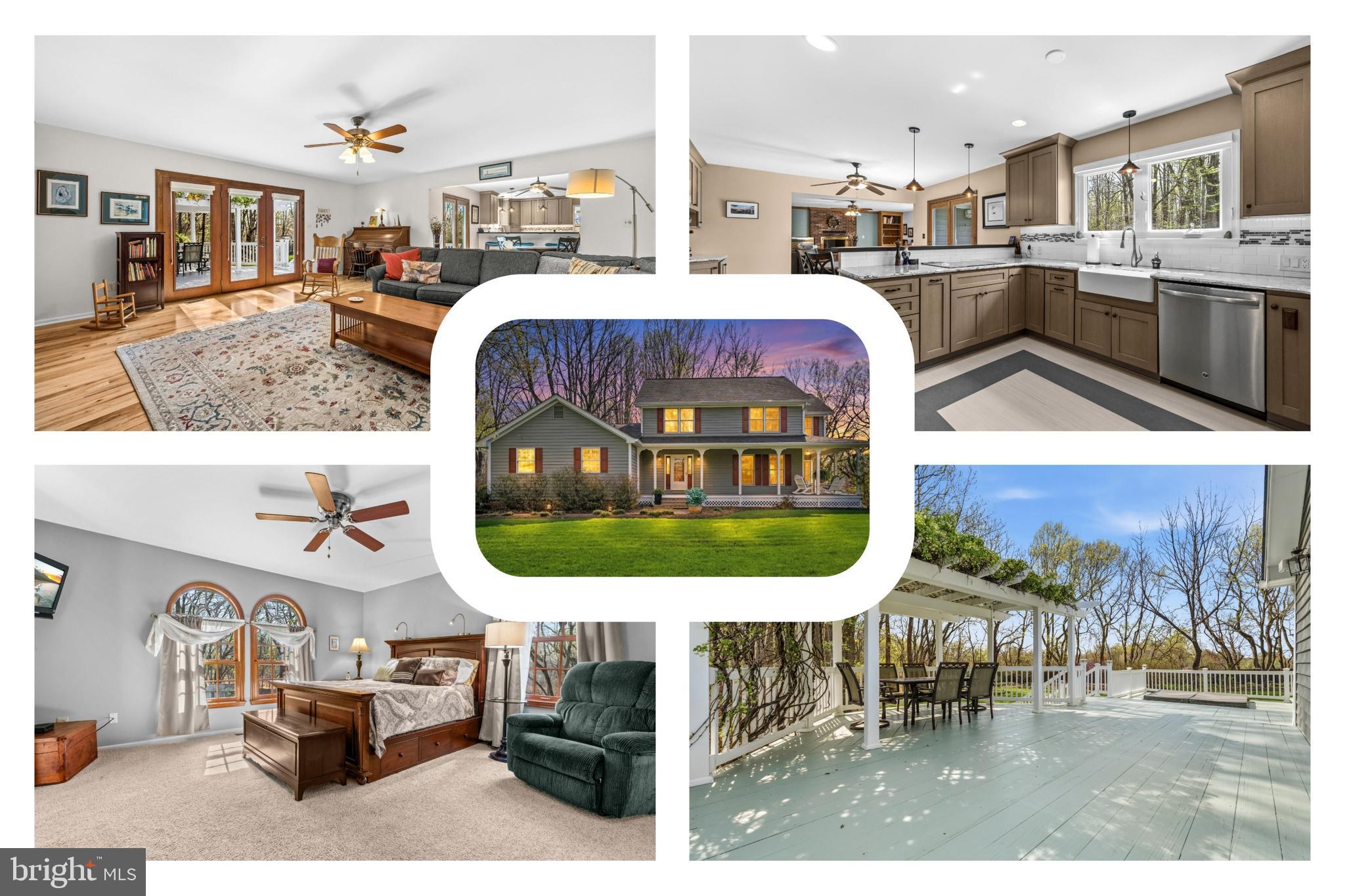 Set on 3.96 acres along a quiet country road just off Route 301, 17405 Claggett Landing Rd offers a well-balanced blend of space, privacy, and connection to the outdoors. Homes in this community are thoughtfully spaced on 1–4 acre lots, and this property is approached by a long, tree-lined shared driveway that sets the tone from the start.

Originally built in 1988, every room in the home has been renovated over time, creating a move-in ready interior with a cohesive, updated feel throughout. Roughly one-third of the land is manicured with a variety of plantings and flower beds that bring seasonal color, while the remaining acreage provides a wooded backdrop with views of surrounding forest for added privacy.

Outdoor living is easy to enjoy from the spacious wraparound covered front porch or the expansive rear deck with pergola, complemented by a fire pit and open yard space suited for a range of outdoor activities. Multiple access points—including the kitchen, family room, dining room, and front entry—create a natural connection between indoor and outdoor spaces. A separate utility shed and well-maintained grounds add everyday convenience.

Inside, the main level features hickory hardwood flooring through most of the space, along with an updated layout designed for both function and comfort. The kitchen was fully renovated in 2017 and includes 42-inch cabinetry, quartz countertops, a contrasting wood bar top, double oven/microwave (Advantium), farmhouse sink, and an induction cooktop with Viking downdraft and integrated lighting.

The family room centers around a wood-burning fireplace and opens to the rear deck, offering an easy flow for gatherings. Upstairs, four bedrooms and two full baths provide a practical layout, including a fully renovated primary bath (2025) with a bright, clean design and well-chosen finishes.

The finished basement offers additional flexibility for a recreation or theater space, along with a full bath. A separate areaway stairwell with an oversized exterior door provides direct access, and a large unfinished storage and utility area—over 500 square feet—adds to the home’s functionality.

Additional features include an epoxy-coated garage floor and updated appliances for added peace of mind. A property that offers both usable outdoor space and a comfortable interior layout, all within convenient reach of major routes.
Mortgage savings may be available for buyers of this listing.
Virtually Staged