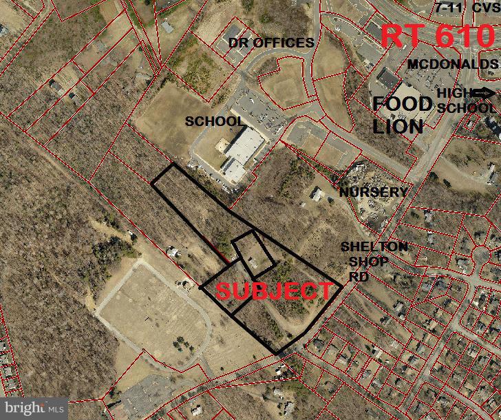 10 ACS (3 PARCELS) PLANNED COMMERCIAL IDEALLY LOCATED JUST OFF RT 610!  High traffic Volume area on Shelton Shop Rd area of growing commercial!  Proximate to Food Lion Shopping Cntr, 7-11, CVS, N.Stafford High, FC Academy, VA Memorial Gardens, medical offices, MORE!  Long Rd Front provides excellent visibility.  Public utilities on Shelton Shop Rd. (Modular does not convey)