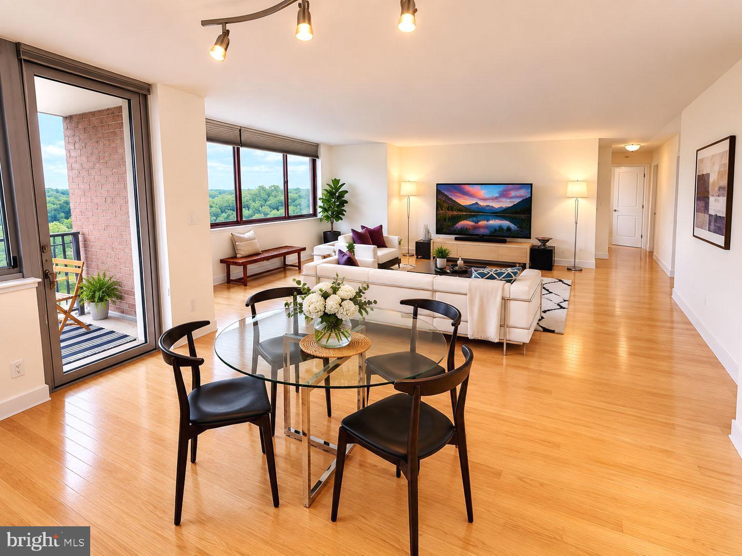 "Double the Pleasure, Double the Fun"!  9th floor condo with  2BR/2BA, 2 balconies, 2 parking spaces, 2 blocks from 2 Metro Lines -- Red & Purple -- (scheduled to open in 2027)! 1,590 Sqft with an unfettered view of both Bethesda and DC through expansive windows with custom window treatments. In unit washer and dryer. All utilities are included in the condo fee. Amenities include concierge service, outdoor swimming pool, fitness center, party room, and onsite management. Walking distance to grocery, restaurants, shopping. Turnkey ready for convenient, private and comfortable urban living!