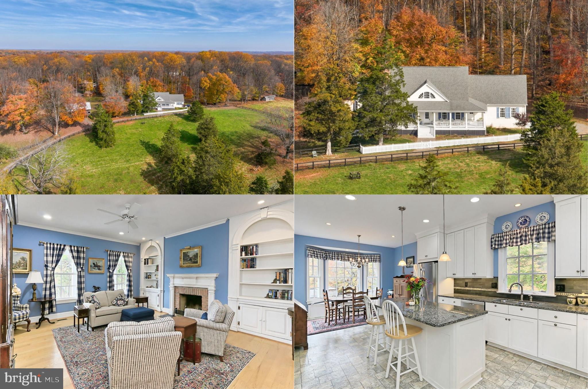Engulf yourself in classic elegance in this amazing 4 bedroom, 3.5 bath custom built home nestled on a tranquil 5 acres ideally located at the end of a quiet street for ultimate privacy. The beauty begins outside with a winding private driveway, a tailored exterior with white picket fence, brick walkway, expansive front porch overlooking beautiful acreage enclosed by board fencing, 2-car side-loading garage, a 5 stall barn with wash stall with hot water, tack and feed room, huge hayloft, storage for bedding, and stabling for up to 9 horses and ponies, two additional outbuildings, board fenced paddocks and riding arena, all backing to woodlands with access to miles of riding trails. Inside, an open floor plan, hardwood flooring, decorative moldings, custom built-ins, fireplace, an abundance of windows, a gourmet kitchen, main level owner’s suite and expert craftsmanship are just some of the highlights that make this home so unforgettable. ***** A charming front porch welcomes you into a sunny foyer and into to the living room on your left where twin windows bathe the space in natural light and illuminate warm hardwood floors, crips crown molding, and a cozy fireplace with custom arched bookcases on either side serving as the focal point of the room. The formal dining room offers plenty of space for all occasions and is accented by a wainscoting and a candelabra-style chandelier adding a refined elegance. The gourmet kitchen serves up a feast for the eyes with gleaming granite countertops, an abundance of traditional and glass-front cabinetry, recessed lighting, and quality stainless steel appliances—including a dual fuel range and French door refrigerator. A center island with twin pendant lights provides an additional working surface and bar seating, as a custom tile backsplash adds a stylish finishing touch. Earthy tile flooring spills into a spacious daily dining area with walls of windows including a bay window providing serene outdoor views. A powder room with granite-topped vanity and a convenient mud/laundry room complements the main living area. Hardwood flooring continues down the hall and into the owner’s suite boasting a lighted ceiling fan, walk-in closet, and en suite bath featuring a granite topped dual sink vanity and a frameless glass enclosed shower enhanced by spa toned tile—the perfect retreat to begin and end the day. ***** Ascend the stairs where you’ll find a landing with a beautiful arched window and 3 additional bright and cheerful bedrooms—each with plush carpet and generous closet space—sharing a lovely hall bath with a granite-topped vanity and tub shower with spa toned tile with decorative inlay. The expansive walk-out lower level features a finished full bath, a laundry area with built-in cabinetry, and plenty space to transform into a spacious family room, guest suite, or home office—it awaits your own personal design and completes the comfort and convenience of this wonderful home. ***** This property is like a private oasis that makes you feel many miles away from the hustle and bustle yet is just minutes to Great Falls Village and conveniently located near endless shopping, dining, and entertainment experiences in nearby Reston Town Center and Tysons Corner Center and Galleria. Commuters will appreciate the close proximity to Beach Mill Road, Georgetown Pike, Route 7, Dulles Access Road, Fairfax County Parkway and other major routes. Outdoor enthusiasts will relish all the nearby parklands including Riverbend Park, Great Falls Park, and Algonkian Regional Park offering vast acres of stunning beauty and waterfalls along the historic Potomac River. If you’re looking for an exceptional property built with fine craftsmanship in a spectacular location, look no further—it awaits you here!