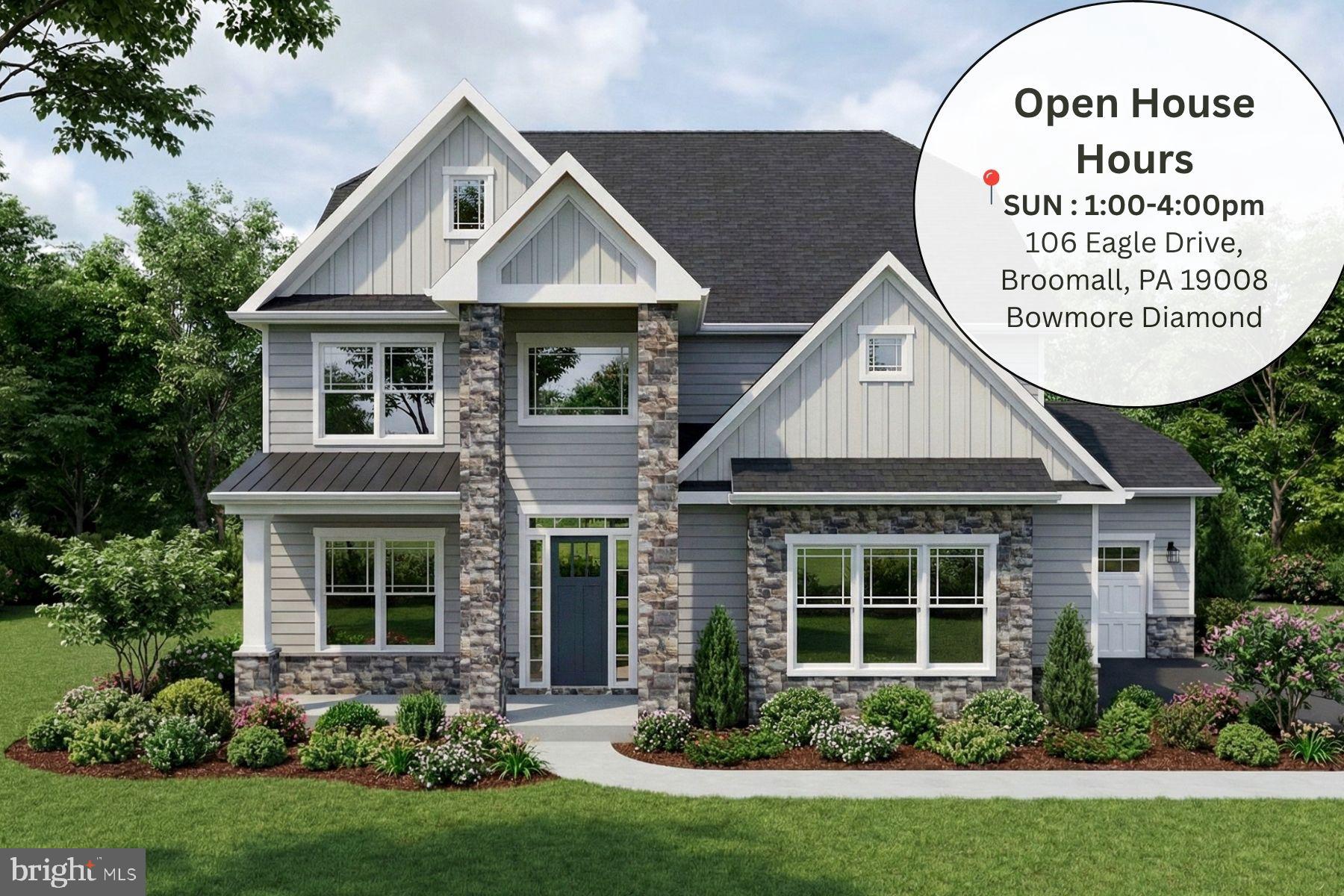 Open House: Visit the Bowmore Diamond at 106 Eagle Drive Broomall PA 19008 from 1:00 PM – 4:00 PM.
GPS: 106 Eagle Drive Broomall PA 19008

You’re invited to tour one of our floorplans we’ll be offering at Eddy Homes newest community BRONSON ESTATES.. one + acre homesites in Collegeville… 
Nestled in the heart of Collegeville, Bronson Estates offers an exclusive enclave of luxury homesites on 1-acre lots, thoughtfully designed for those who value space, privacy, and elegance.

Surrounded by lush natural beauty yet just minutes from shopping, dining, and top-ranked schools, this community perfectly blends tranquility with convenience. Whether enjoying a quiet evening on your expansive property, a stroll through nearby parks, or an outing to Providence Town Center, Bronson Estates places you at the center of it all. With timeless architecture, spacious floorplans, and the prestige of a limited collection of homes, Bronson Estates is where refined living and everyday ease come together.

This brand-new, exquisitely designed traditional single-family home offers the pinnacle of modern luxury living. Step inside to a spacious, sunlit open floorplan adorned with high-end finishes, creating an inviting atmosphere for both gatherings and everyday living. The gourmet kitchen, with its top-tier design, is the heart of the home. Upstairs, the owner’s suite is a haven of comfort, complemented by a spa-like owner’s bathroom. An optional finished third floor adds versatility with customizable space to meet your specific needs. Choose to finish the basement with various options; a generous rec area, “flex” room ideal for an exercise room, guest bedroom, or additional home office.