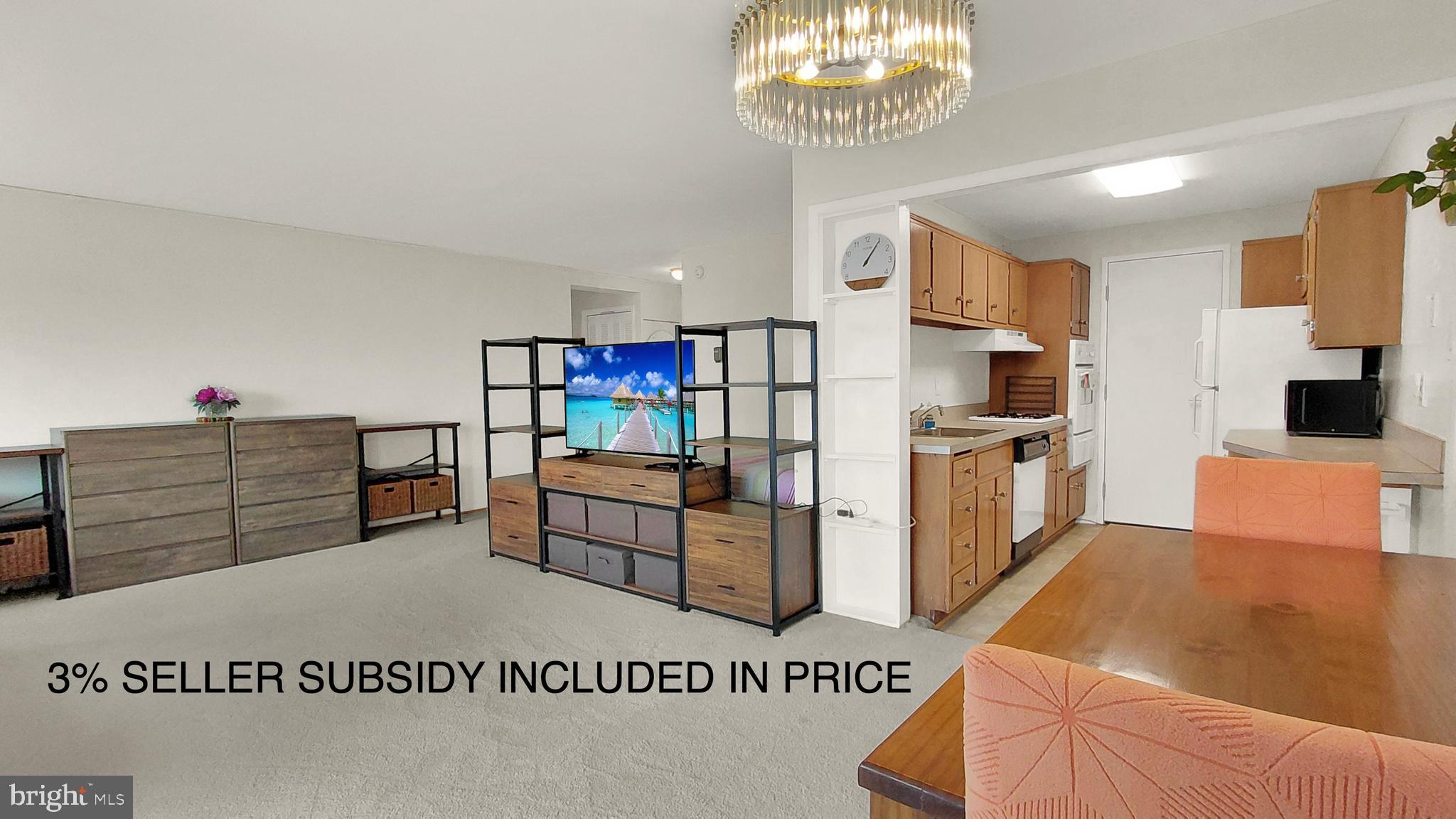 This unit has it all:   move-in ready with BALCONY and DEEDED GARAGE SPACE.  14th Floor Park View toward morning sun.  Nearly 600 square feet of living space in Grosvenor Park - the jewel of Montgomery County.  Floor plan includes Galley Kitchen with service entrance and gas cooking, large living area, separate dining area with balcony access, plus coat, linen and large walk-in utility closets.  Close to Grosvenor Metro Station, Strathmore Arts Center, Walter Reed Medical Center, NIH, and all major shopping, restaurants and with routes to Bethesda, DC, VA, Frederick, Baltimore & Annapolis. Onsite award-winning Grosvenor Market, dry clean valet, hair dresser, party rooms, fitness center, community laundry, pool, picnic area, rooftop terrace, tot lot, bike and extra storage, 24/7 concierge and onsite security. Fios & Xfinity available in unit.  Free wifi in common areas.   Ample free parking outside for guests.   NO DOGS, but cats, birds and other small caged pets welcome!  SMOKE FREE.  Hallways newly renovated.  At buyer's option, furnishings can convey at no extra cost.  3% SELLER SUBSIDY INCLUDED IN PRICE!