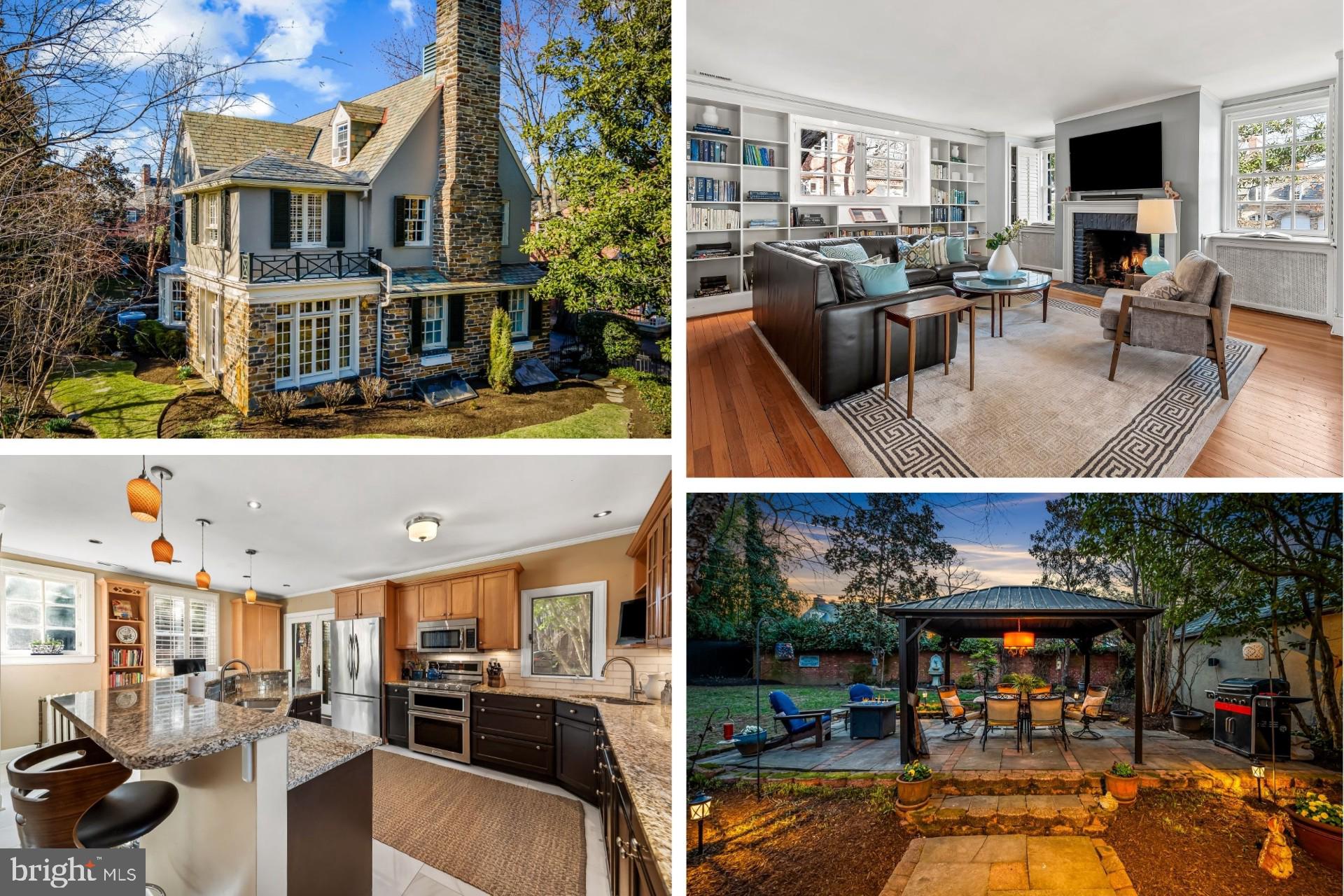I LOVE THIS HOUSE. THIS ONE CAN BE YOUR TREASURE. PRICE DROP! Come  visit and ultimately fall in love with this storybook stone & stucco, three-story home situated in the heart of historic Guilford. Wonderful features abound such as the 100-year-old wrought iron fence around the front and private garden/yard in rear. This turn-key home is ready for its new owners. Every inch of this home and property has been lovingly maintained with so many updates (see features list). The rooms flow from one to another. From the gracious entrance foyer with a convenient half bath, to the living room, complete with a gas-fireplace and walls of built-ins. Continue your tour through the French Doors leading to a sweet sunroom overlooking a lovely backyard. Enjoy the formal dining room which is located just off the custom, gourmet kitchen complete with a two-level granite island, three sinks, twelve recessed lights, four pendant lights, porcelain flooring and backsplash (updated in 2024). There is a Butler's Pantry complete with a wet bar, ice maker, and a dual-zoned wine refrigerator - a chef's delight! Let's head up the grand staircase (with a large decorative landing between level) to the second floor where we have three bedrooms and two full baths. Your primary suite features a remodeled ensuite bath with an elegant, arched doorway, radiant floor heating, dual vanities and a primary dressing room to die for - complete with custom cabinetry! A true retreat. The hall bath is also remodeled. Head up to the third level of this home, where we have a fourth bedroom, another full bath and finally a home-theatre with a 4k projector, a 120" cinemascope screen, and Totem speakers all installed in 2020. The cinema room could also be Bedroom 5.  Outside, you are sure to enjoy the sounds and beauty of nature in the charming garden while enjoying a "Hot Springs" top of the line, saltwater hot tub or dining underneath a lighted gazebo. The 2-car garage with a comfortable driveway completes the exterior features. No need to juggle cars here! Sellers are willing to leave both the  Hot Tub and home theatre system with cinema seating, etc. and a portable electrical generator. This home has much to enjoy!