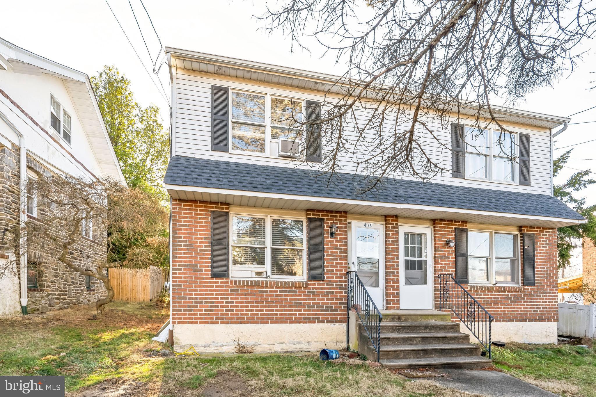 PROPERTY IS RECENTLY SUBDIVIDED, AND ADDRESS ON THE HOUSE IS 413B PAOLI AVE.   Spacious twin on extremely large, over 4,300 square foot, lot. The house was built in 1988, and will make a great starter home, with some upgrades you should be able to considerably improve the value. Large living room, huge eat-in kitchen, covered rear patio, finished basement with full bathroom. Upstairs we have two spacious bedrooms, both with good closet space, and a full bath. The basement is finished, and has the second full bathroom. The large, level and very deep rear yard is great for entertaining. This one is a must see, and probably won't last long.