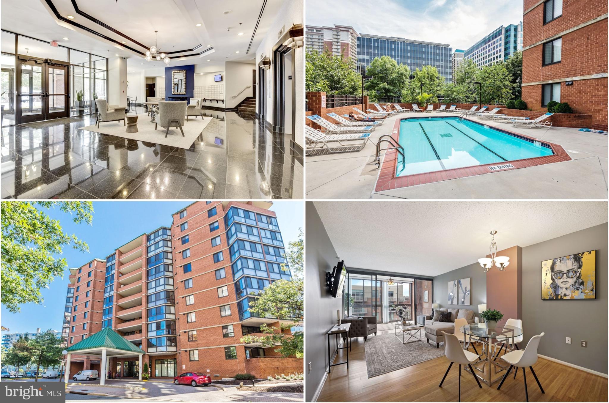 Welcome to East View residences in the hip, smart, and innovative- Ballston! Only a block away from the orange line Metro and 1.7 miles away from Georgetown, your worlds will collide in a kaleidoscope of sophisticated and newly revamped Ballston Quarter where you can watch movies under the sky, indulge in one of the 50 restaurants in a five-block radius, practice yoga after closing your office in one of the significant IT or researches offices nearby! Your condo is the LARGEST one-bedroom in the building! 800 SF with an enclosed den (or sunroom) that is almost 100 SF large, and it's like having additional precious space! This 9th floor gorgeous home has stunning sunset views and tons of natural light that are unique for city living and fit perfectly into a Ballston scene. 2021 Bedroom BAMBOO floors and the bath vanity top, 2022 New blinds in Sunroom and Bedroom, 2023 Washer Dryer, Stove, Dishwasher, Microwave, refrigerator, 2024 Garbage disposal, and kitchen backsplash, 2025 Painted!  Sleek bamboo hardwood floors throughout, a designated dining area, and maple wood cabinets in the kitchen! HVAC and Hot Water Heater are also newer! Exceptional closet and storage space with 2 walk-in closets in the bedroom, a huge linen closet, and a coat closet!  The building has fantastic amenities such as a pool, jacuzzi, grill area, 24-hour gym, and business center. Underground parking space is included as well! You'll experience bike trails, cooking classes, tennis, Arts Center, Capitals Hockey practices, Music Festivals, or Regal Cinema, as it all comes together as a one-of-a-kind community for everyone. Welcome home.