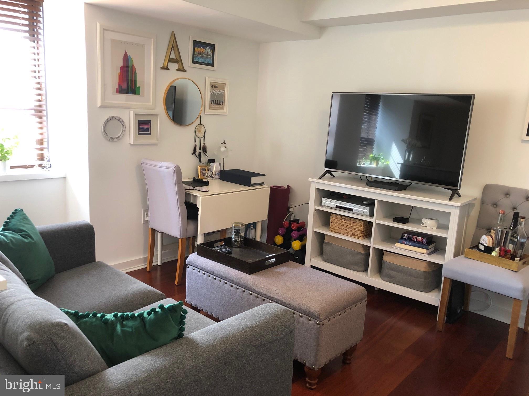 Spacious studio with southern views in the highly coveted Parc Rittenhouse! The open kitchen overlooks the living/dining area and features contemporary cabinetry, granite countertops and a combination washer/dryer. The living/dining area is shining with natural light and features Brazilian cherry wood floors and baseboard moldings throughout. There is a marble-appointed bathroom with oversized single vanity and tub shower.  Residents of Parc Rittenhouse enjoy world class amenities and services including a 24 hour doorman; an amenities suite with a state-of-the-art fitness center and resident lounge with pantry; media room; outdoor rooftop pool club with a large pool deck, full size pool, kids pool and hot tub; garage parking below the building for an additional fee; and two amazing restaurants on the ground floor, Stephen Starr’s Parc and Via Locusta.