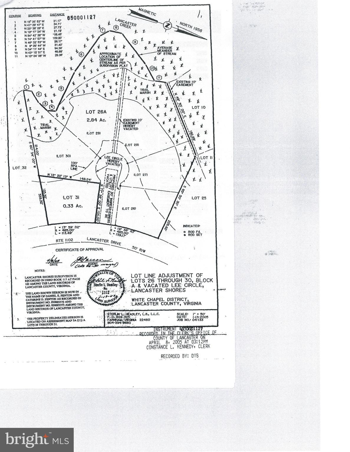 Here's your chance to own affordable 451 ft of waterfront property on Lancaster Creek. Lots 26-31 convey, Paved cul-de-sac , includes 24 x32 Morton metal building, 2 garage doors, with concrete floor.
Front Corners marked.