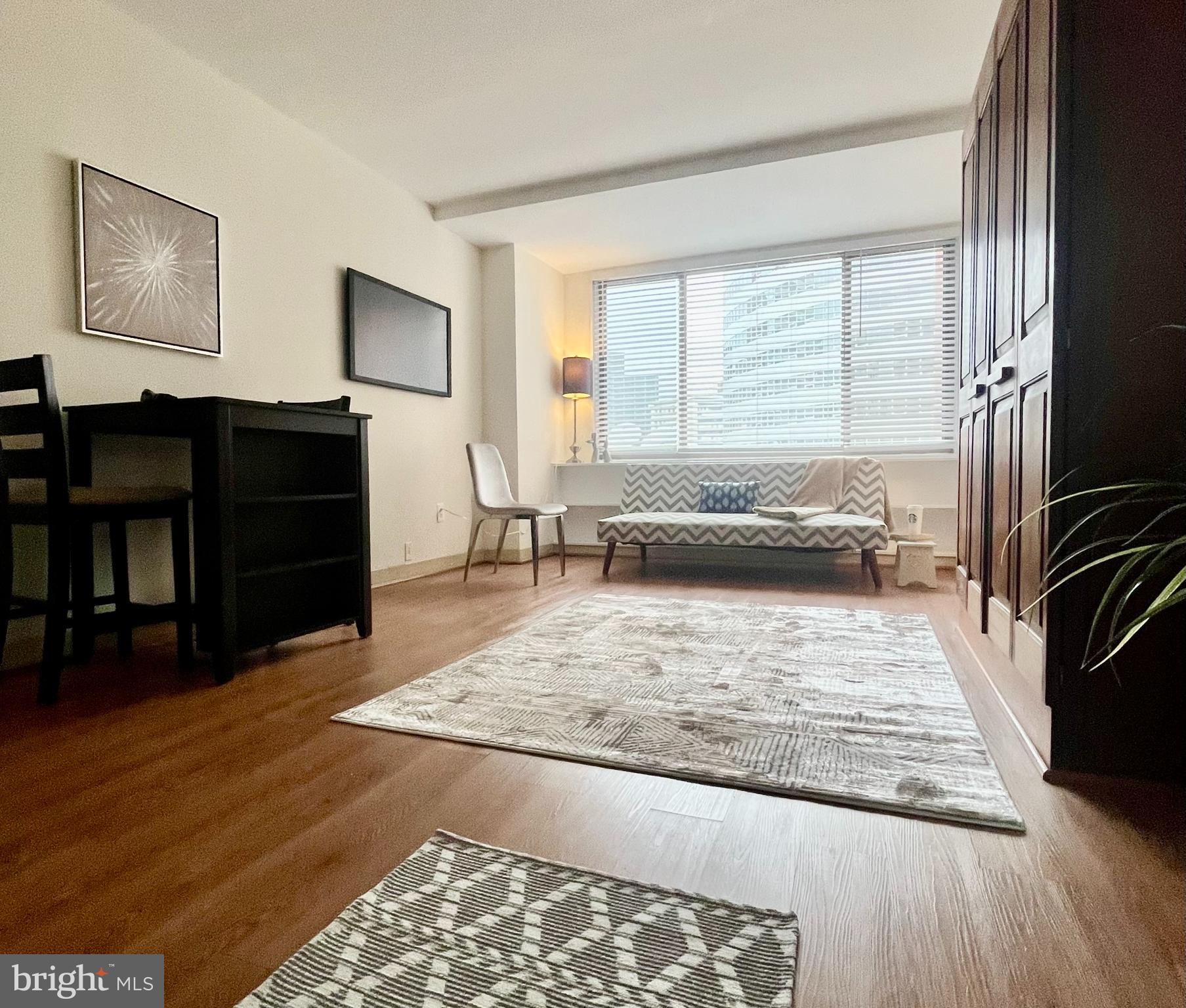 BRIGHT RENOVATED FURNISHED STUDIO IN PRIME ROSSLYN LOCATION: MOVE RIGHT IN!

What’s special about River Place North Apartment 508? A new bath, kitchen, door hardware and 2” window blinds, plus a custom cabinetry pull-down bed, double futon/sofa, high top dining set, 4 closets, and a nice view. This sparkling 369 SF studio is super-livable and versatile. Inside, is everything needed for a convenient, contemporary lifestyle. The kitchen shines with brand new extra-height white cabinets and granite countertops. The renovated bath has a marble shower/tub surround and designer crystal light fixture. The pull-down full-size (double) bed is easily operable with one hand and allows quickly changing the look from bedroom to spacious living & dining area.

You won’t need a car here (or pay high gas prices) when you live steps from the Rosslyn Metro and your free gym and pool are on-site. There’s a secure bike room in the building, an assigned storage bin, and a brand new community laundry room with high capacity and regular washers and dryers.

Apartment 508 is an outstanding investment with excellent rental potential and a strong return on investment. With a management office on-site and front desk concierge service, it’s a carefree home for students in the area (or economical pied a terre for parents), frequent commuters and visitors to Washington or anyone seeking affordability in one of the most convenient locations near Washington, D.C.

Low monthly fees include all utilities. The asking price represents one of the best values in a very sought-after neighborhood in North Arlington. A rare opportunity you do not want to miss!