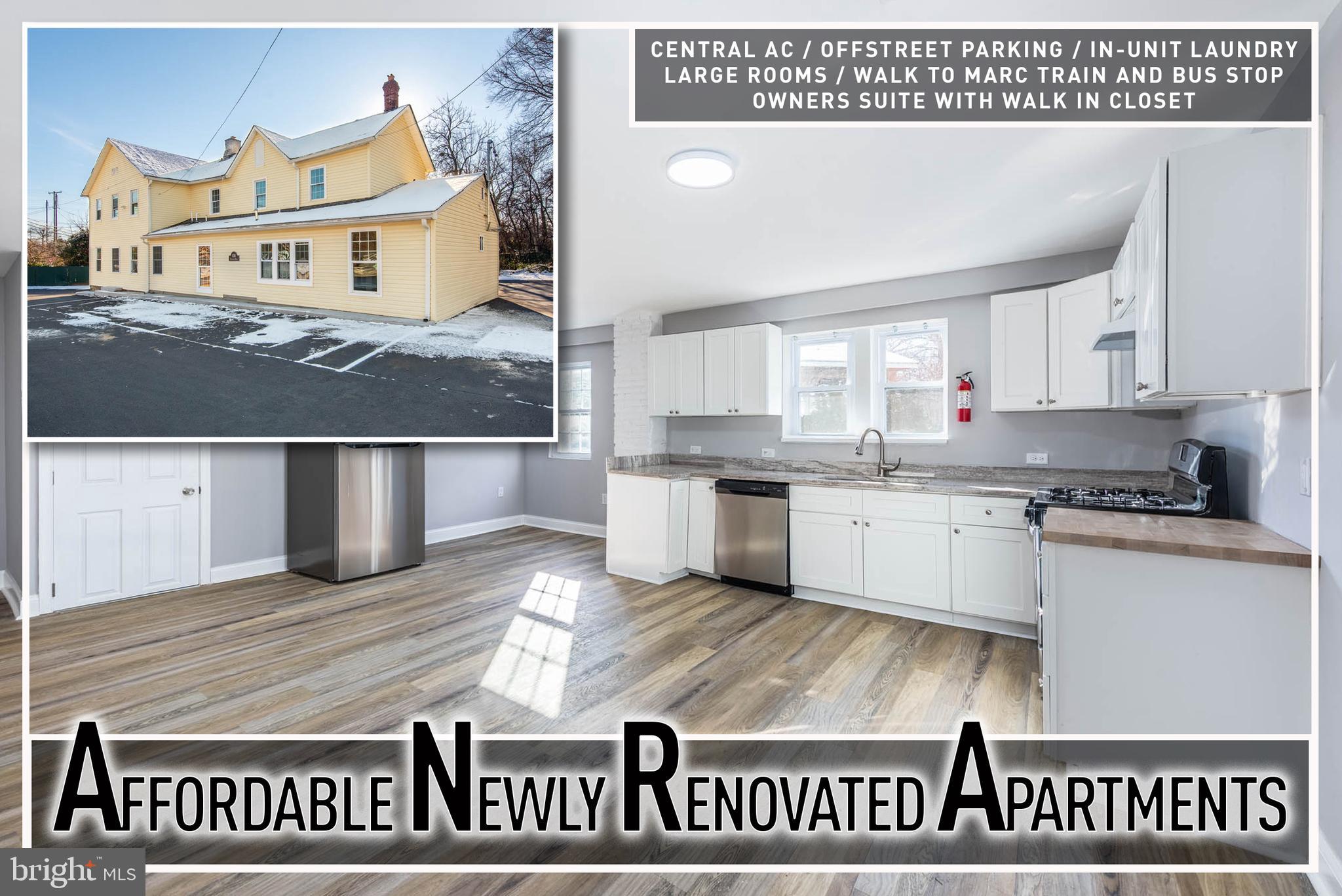 SPACIOUS NEWLY UPDATED APARTMENT LOCATED IN A 4 UNIT PROPERTY!  This main level rear unit features wood laminate flooring throughout, a living room, eat-in kitchen with granite counters & ss appliances, a Primary bedroom suite with a walk-in closet and full bath, 2 additional bedrooms and 2 additional full baths, in unit laundry, and ample off street parking!  Located close to Aberdeen Proving grounds and walking distance to the MARC train.  Must have good credit to be considered with no history of evictions