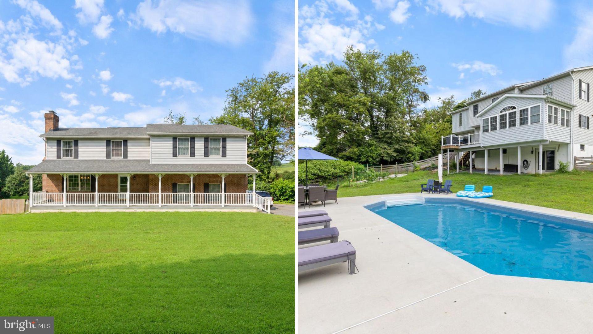 Price Reduction! Home Sweet Home in the Hereford Zone! This beautifully updated 5 generously sized-bedroom, 3.5-bath home is your private oasis, complete with new low maintenance Salt Water Pool and  patio (2024), New pool fence (2026)—perfect for relaxing and entertaining. Step onto the expansive covered front porch and enter through a welcoming foyer that flows into the elegant dining room with a cozy wood-burning fireplace. The open-concept kitchen and dining area features a walk-in pantry, ideal for home chefs and families alike. Enjoy the spacious family room with vaulted ceilings, skylights, and direct access to a new maintenance-free deck—seamlessly blending indoor and outdoor living. The fully fenced rear yard is a private paradise, boasting fresh landscaping, a shed, and your sparkling new saltwater pool and patio. Upstairs, you'll find five generously sized bedrooms, including a luxurious primary suite with a large walk-in closet, jetted soaking tub, an updated walk-in shower, and dual vanities. A second bedroom offers an en suite bathroom with a stunning updated walk-in shower. Three additional bedrooms share a beautiful hall bath with tub/shower. Enjoy brand-new hardwood flooring throughout the upper level and fresh paint.  The finished lower level features a spacious recreation room with new carpet. The slider door allows plenty of natural light and opens directly to the patio and pool area. Laundry room on main level with shelving and cabinets. Two car oversized garage & mudroom. All new kitchen ss appliances 2024, New flooring upper level, new hardwood flooring in lower level, New HVAC 2023, New Deck 2024, New mini split in primary suite 2024.  Excellent location and schools!