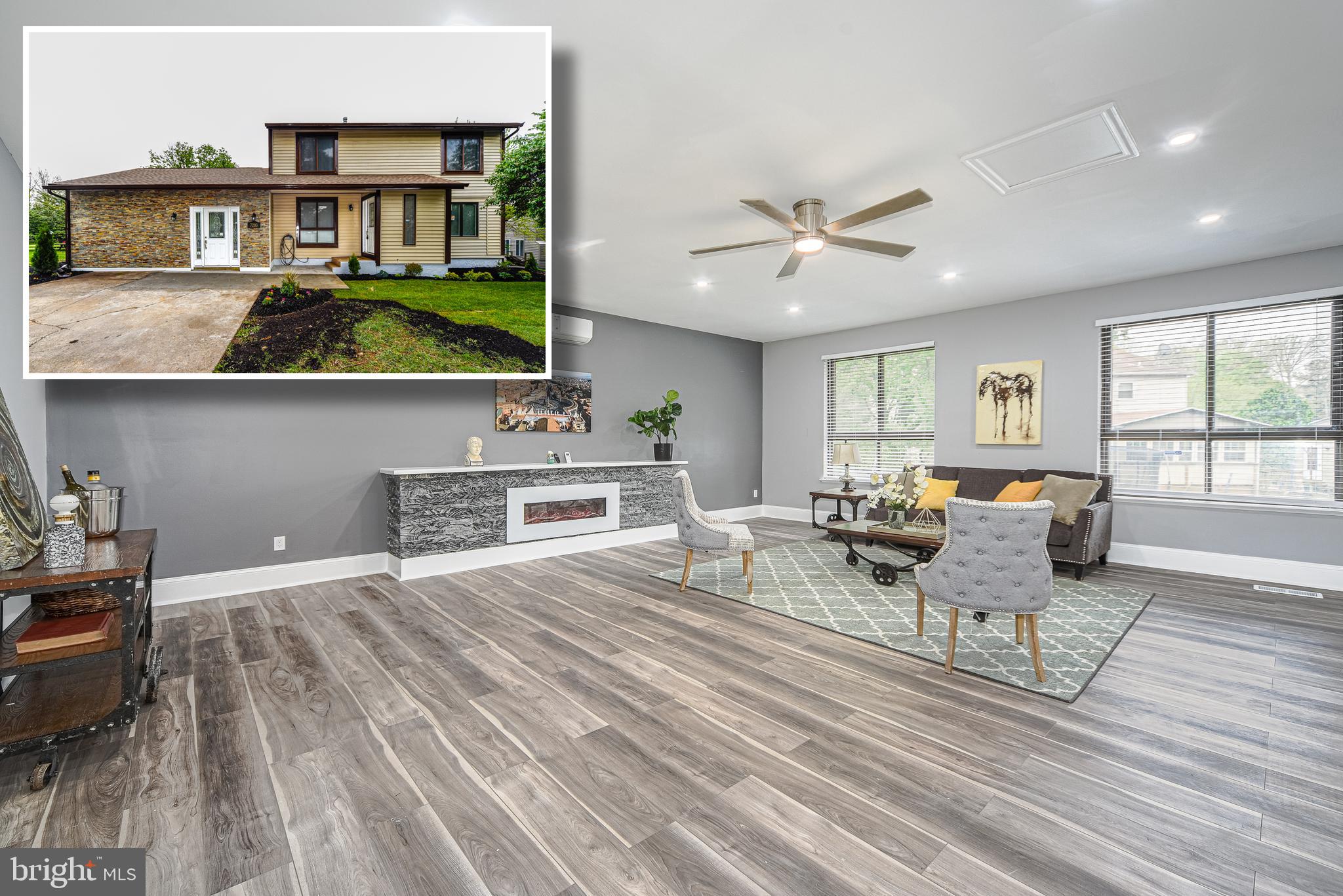 BEAUTIFULLY DESIGNED CUSTOM RENOVATION WITH OVER 2,000 SQ. FT. OF LIVING SPACE!  Open floor plan featuring an inviting living room, separate dining area, gourmet island kitchen with granite counters, ss appliances, & tile backsplash, large family room with electric fireplace, Primary bedroom suite with a full bath and 2 additional bedrooms with a hall bath, finished basement with an additional bedroom and full bath, large rear deck overlooking the backyard, and driveway parking!  Pack your bags and move right in!