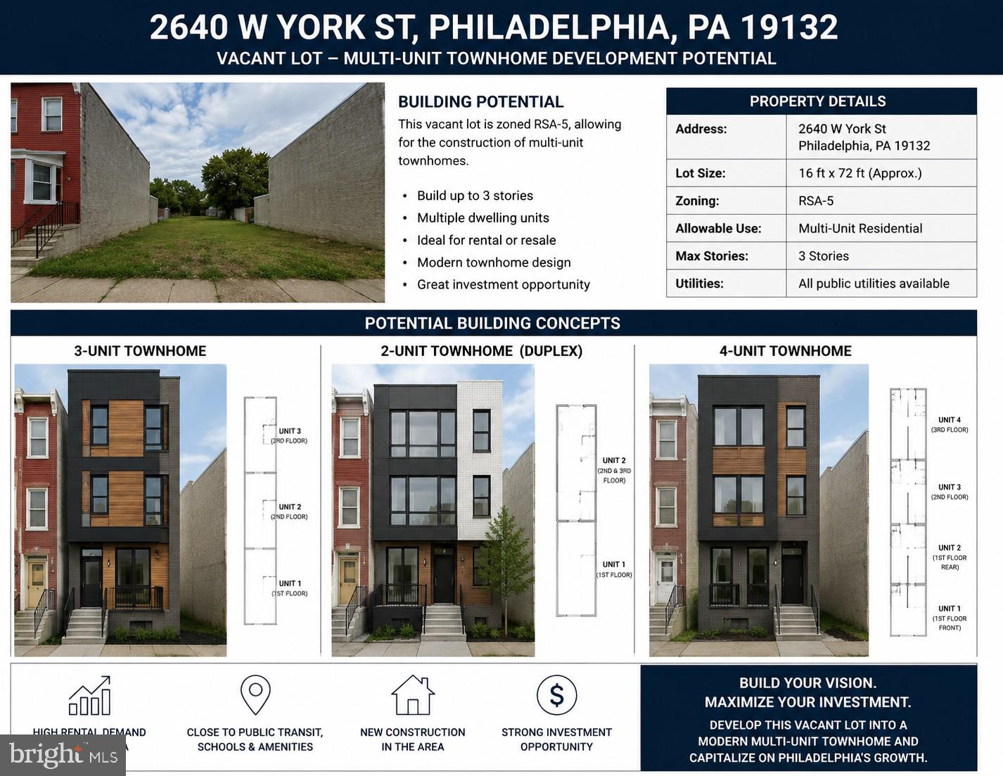 Fantastic opportunity to build on this vacant lot at 2640 W York Street in Philadelphia's rapidly developing Brewerytown/Strawberry Mansion area. Surrounded by new construction and ongoing revitalization, this property offers excellent potential for investors, builders, and developers. Conveniently located near public transportation, parks, major roadways, and Center City Philadelphia. Bring your vision and take advantage of the growth happening throughout the neighborhood. Buyer responsible for conducting all due diligence regarding zoning, permits, and intended use.