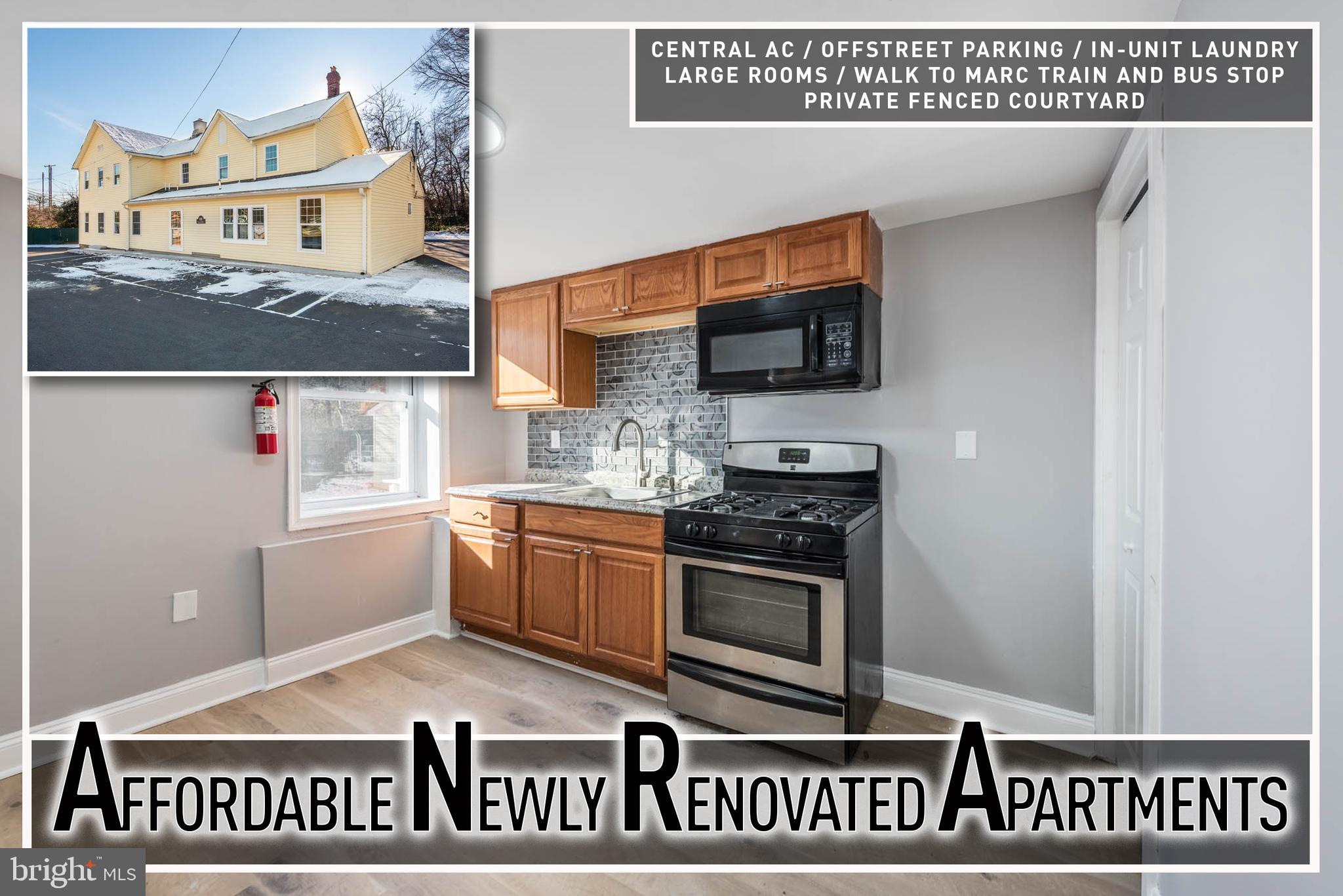 SPACIOUS NEWLY UPDATED APARTMENT LOCATED IN A 4 UNIT PROPERTY! This main level front unit features wood laminate flooring throughout, a spacious living room, kitchen, 3 generously sized bedrooms with 2 full baths, in unit laundry, and ample off street parking! Located close to Aberdeen Proving grounds and walking distance to the MARC train. Must have good credit to be considered with no history of evictions.  There is a $58/mo trash fee that will be added to the monthly rental price