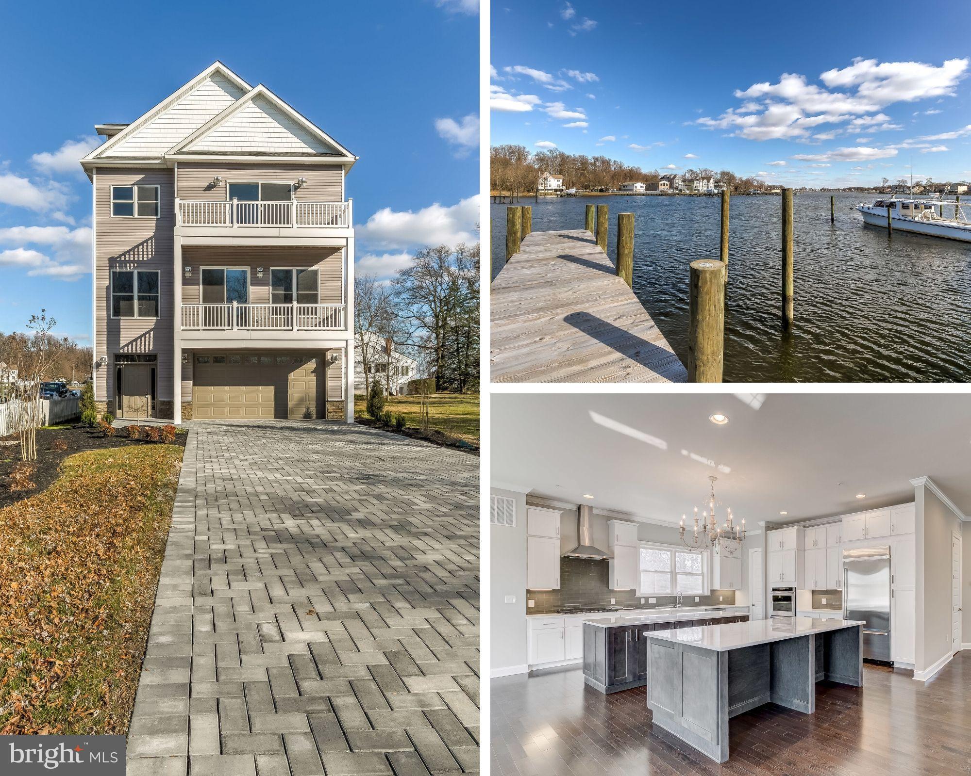PHENOMENAL NEW CONSTRUCTION WATERFRONT HOME W/ NEARLY 4000 SQ FT OF LIVING SPACE & PRIVATE BOAT PIER - nestled in Bowleys Quarters on Seneca Creek this stunning home is an entertainer's dream with remarkable main level living featuring soaring 10' ceilings, hardwood floors & crown molding throughout, stacked stone gas fireplace, double 8' islands in the chef's kitchen w/ kitchenaid ss appliances, under cabinet lighting w/ glass back splash, double wall oven, custom stacked kitchen cabinetry and large living room/dining room leading to multiple composite decks & bluestone patio with amazing water views, large rear yard, new shoreline bulkhead and pier!  Upper levels offer spacious bedrooms suites w/ private balconies, large hallway laundry room and incredible owners suite loaded with carrara marble tile, over sized shower, double vanities and large soaking tub.  Not to be forgotten is the over sized garage, elevator service throughout the home (optional feature for acceptable offer) and paver stone driveway!
