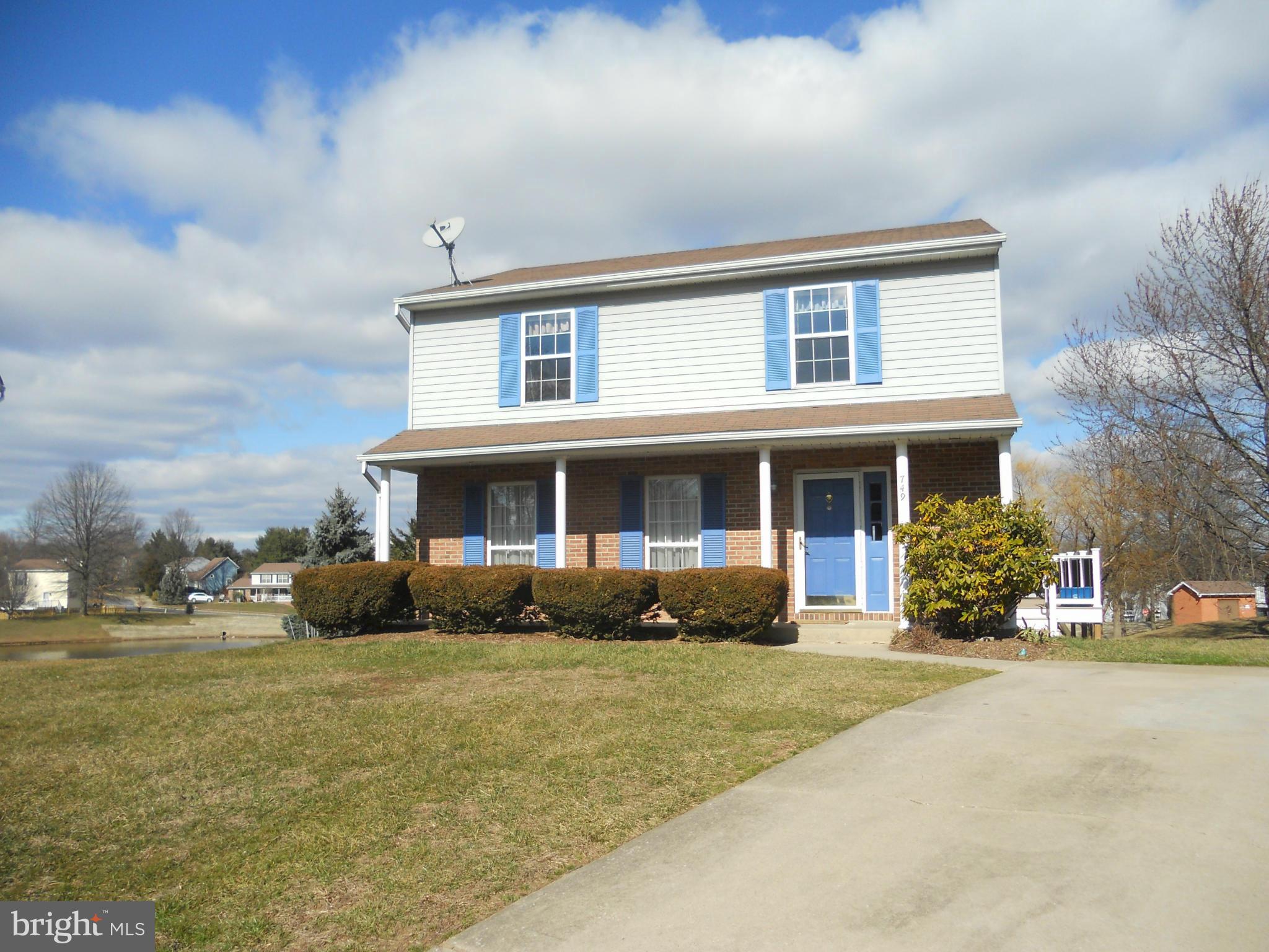 Lovely 4 BR 2 BA colonial featuring eat in kitchen with bay window,formal DR with hardwood floor,large LR,,walk in pantry,LL FR with outside entrance,front porch,large Azek composite deck that runs entire length of  back of house Located at the end of cul-de-sac with beautiful view of pond.Updates include heat pump,refrigerator,dishwasher,carpet,in LR & upper level,deck,and front porch.New dryer!