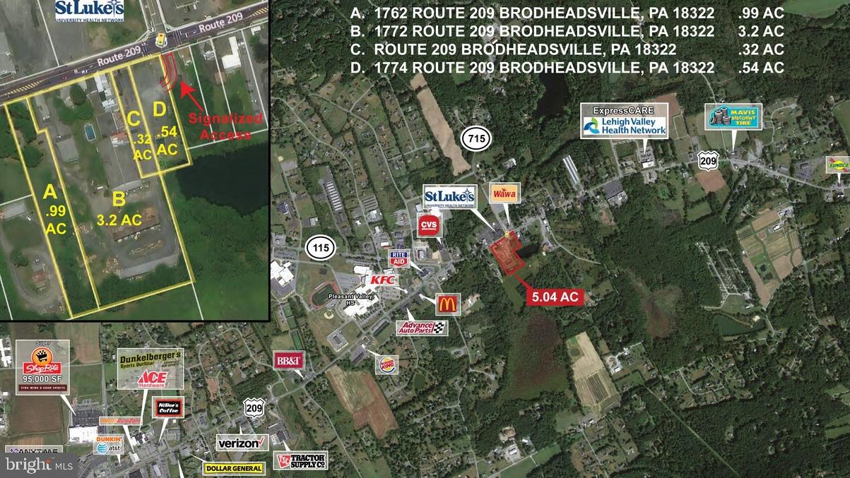 Property is four parcels (1762-1774 Route 209 in Brodheadsville), +/- 5 Acres and is situated at signalized intersection of Rt. 209 and Rt. 715. Traffic counts in excess of 18,000 VPD.