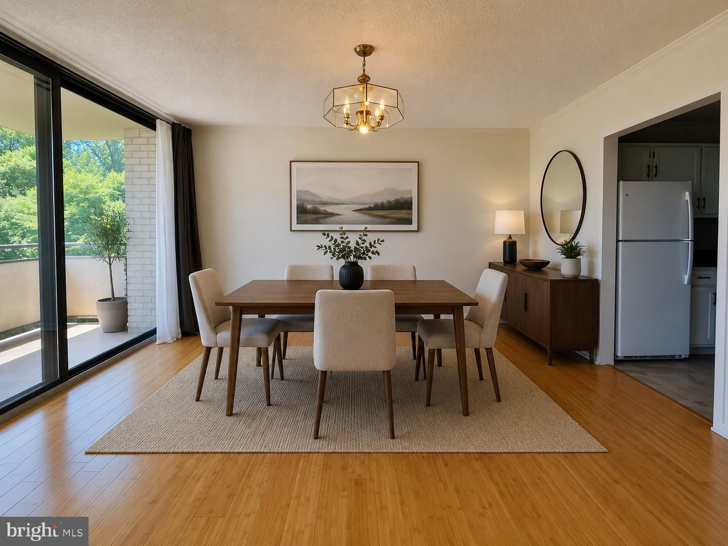 This beautifully updated and well-maintained 7th-floor unit at the Promenade offers sought-after southern views toward Washington, DC, along with a south-facing balcony set away from the Beltway and overlooking the tennis and pickleball courts. Inside, the home features bamboo wood flooring in the main living areas, porcelain wood-look tile in the bathroom, and vinyl flooring in the kitchen. The updated kitchen is appointed with painted white wood cabinets, matching white appliances, and granite countertops, while the open-concept living and dining area provides a flexible layout to suit a variety of lifestyles. Extra-large windows fill the space with natural light throughout the day, and down the hall, a spacious bedroom with oversized windows is complemented by an updated bathroom with a tub and shower combination. Ample closet space throughout the unit, including added closet systems in the bedroom, provides excellent storage. Residents of the Promenade enjoy an impressive array of amenities, including indoor and outdoor pools for year-round swimming, a full gym, restaurant, convenience store, hair salon, library, underground parking, and a large common parking lot for additional vehicles. The gated community also offers 24-hour security and is surrounded by beautiful neighborhoods that are ideal for walking. Available to view beginning June 1, with more photos coming soon.