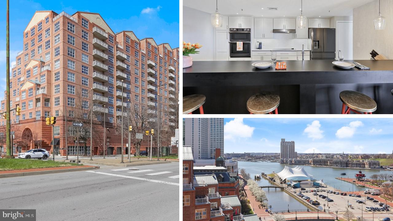 This thoughtfully updated condo with assigned garage parking and WATER VIEWS is one hundred percent move in ready for its next owner. The gorgeous kitchen is the center of this unit and has a breakfast bar with seating for 4-6, black stainless steel appliances, oversized sink, double oven/microwave combo, and range hood exhaust fan. This unit allows for water views from almost every angle because of the open concept floor plan. The dining room is large enough for a table for 6 and the living room can accommodate a large sofa or sectional. The built-in living room shelving is smartly designed to be utilized as storage as well as a work from home office space. The half bathroom is conveniently located near the entrance across from the in-unit laundry. The bedroom has fantastic views of the harbor, pier 6, and Federal Hill. The room is large enough to comfortably fit a king size bed and features 2 closets, including a walk in with built in shelving. The en-suite bathroom has been updated to feature subway tile shower surround and a large vanity with a large sink and counter space. This well maintained building has an indoor heated pool, a gym with weights and cardio equipment, a meeting room, pool room, community kitchen, and a newly renovated outdoor patio space complete with an outdoor grill and kitchen overlooking the water. This unit includes a large storage locker located on the same floor as the unit. Extremely convenient location with easy access to downtown, Camden Yards, M&T Bank Stadium, I-83 and all other highways, bike lanes, Metro rail, free Charm City Circulator bus as well as several major bus routes.