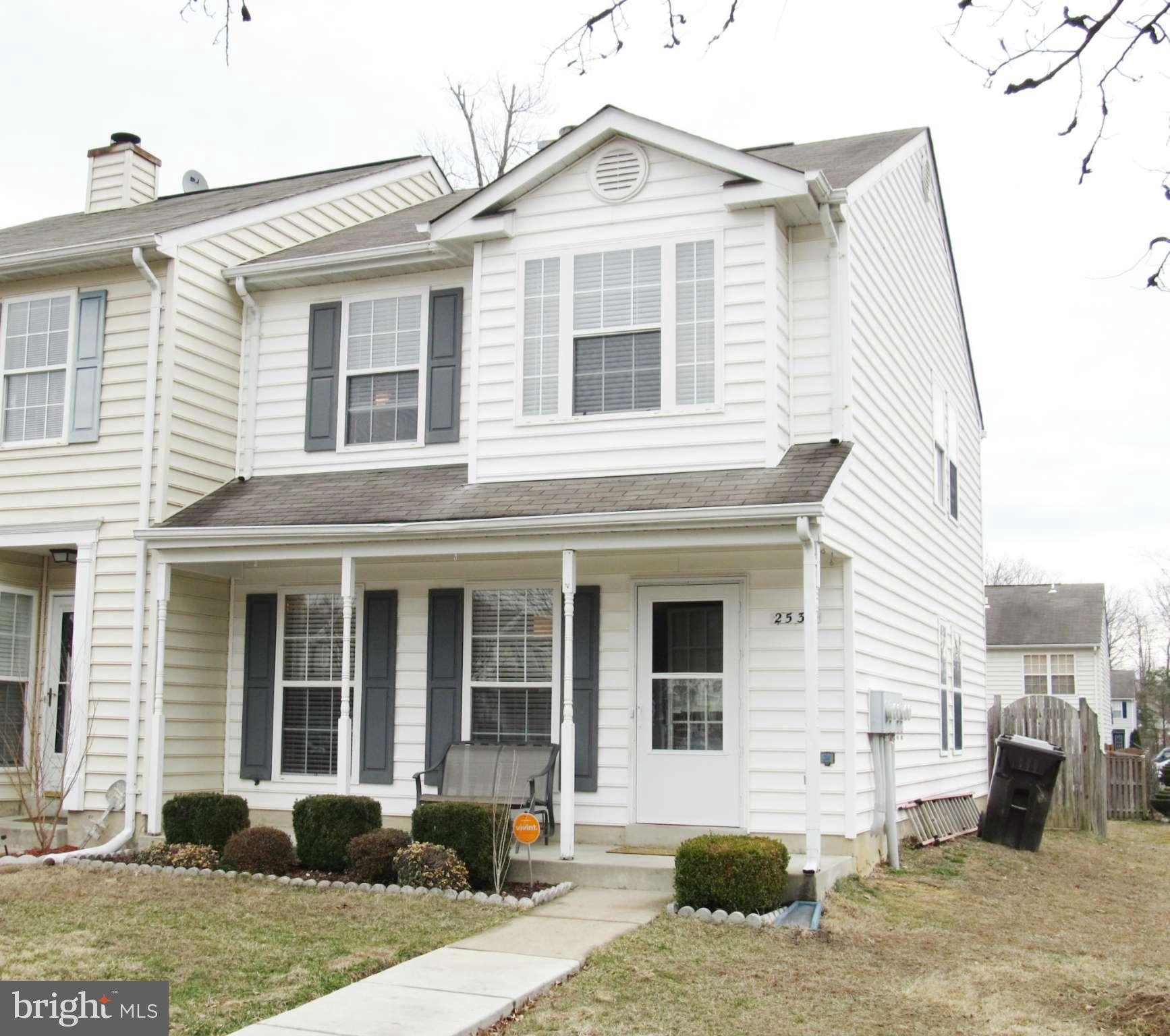 Quick settlement!  Shows like a model home!   Perfect for the first time home buyer.  Large, 3 bedroom, 2.5 bath end unit townhouse.  Open floor plan. New roof*New carpet*fresh, neutral paint. Upgraded flooring-marble foyer, marble half bath and ceramic tile kitchen floor. Living room with fireplace Updated light fixtures. Fenced back yard.  Master bedroom with large closet and master bath