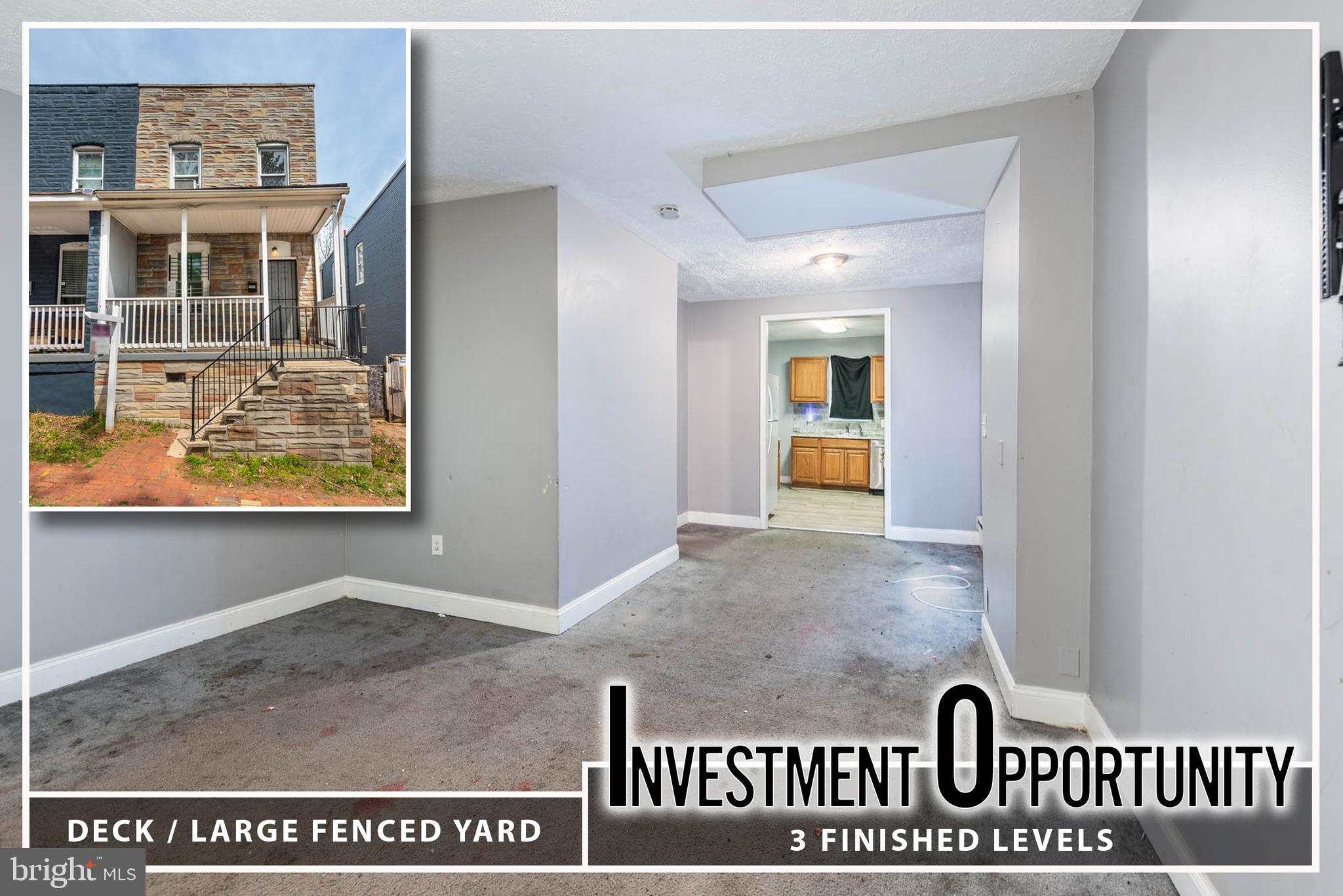 INCREDIBLE INVESTMENT OPPORTUNITY!  Large semi-detached rowhome with 3 finished levels!  Property needs some cosmetic updates but has good bones.  Main level with a spacious living room, dining area, kitchen, and a half bath, upper level with 3 bedrooms and 1 full bath, a finished walk-out lower level with a family room, 4th bedroom, and 2nd full bath, and a rear deck overlooking the rear yard.  Sold As-Is!