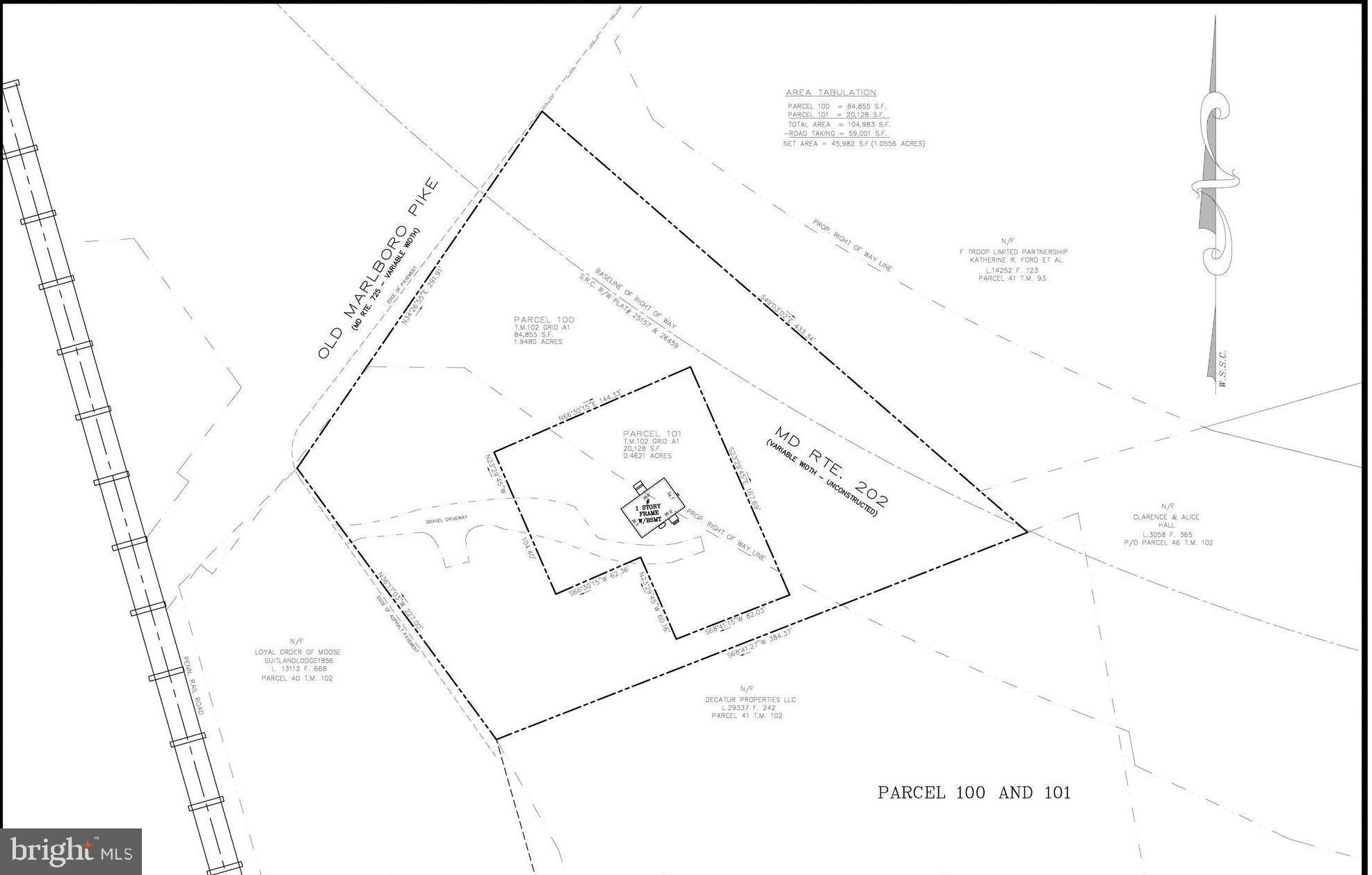 Two parcels available for sale. The total sqft  property includes a 109767 sq. ft. lot with an existing residence that is included in the purchase price. When combined, both parcels offer approximately 1.76 acres of land. This is an excellent location with strong potential for future use. Please contact the listing agent for additional details or with any questions. The other property address is 15115 Marlboro Pike Upper Marlboro. There is a house on property that is 864 sqft up and another 864 sqft down.