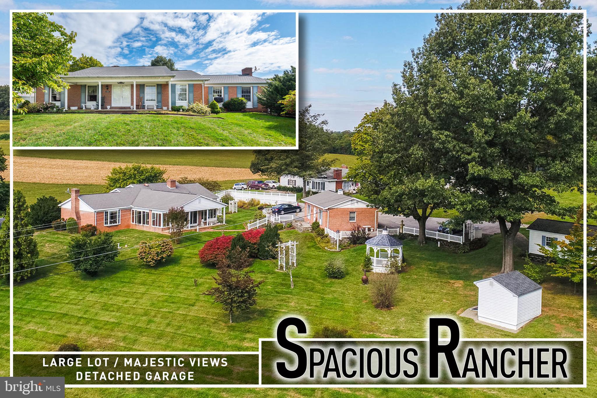 Endless possibilities with this spacious rancher, perfectly sited on 1.3 acres of beautiful, park-like grounds. With over 2,000 sq. ft. of living space, the home boasts expansive room sizes and a warm, inviting layout. The main level features a formal living room and a separate dining room, ideal for entertaining. A charming country kitchen flows into a generous family room highlighted by a brick fireplace. The oversized sunroom—complete with its own fireplace—invites you to relax while enjoying panoramic views of the backyard, and provides direct access to the rear patio.  This home offers 3 comfortable bedrooms and 2 full baths, including a Primary suite with a private bath. The outdoor space is truly the showpiece, with rolling lawn, mature trees, and a tranquil gazebo that creates the perfect setting for gatherings or quiet reflection. Additional highlights include 2 detached garages, a storage shed, and a welcoming front porch with sweeping pastoral views.  Bring your vision and creativity—this property combines abundant space indoors with the beauty and serenity of the land, making it a rare opportunity to create your dream retreat.  Estate Sale - Sold As-Is!