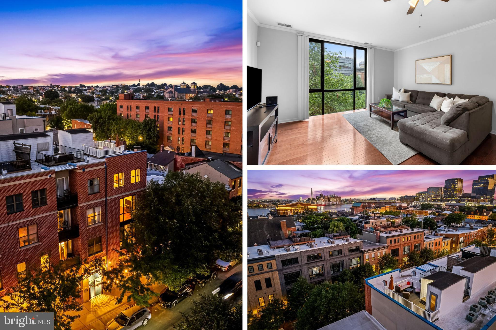 Discover the pinnacle of city living, right in the heart of Fells Point! An exquisite 2-level end unit penthouse condo with panoramic city skyline and water views from its rooftop deck. 1726 Aliceanna provides convenient living with an in building elevator and 1 deeded parking space in the community's gated lot. You'll be drawn in immediately upon walking in from the floor to ceiling windows, providing ample natural light throughout the open concept main level. The updated kitchen has ample cabinetry, SS appliances and a breakfast bar.  Expansive main living room, versatile for whatever size living/dining space you desire. Upstairs you'll find 2 spacious bedrooms and bathrooms. The primary suite is in the front of the building with fantastic lighting, an updated ensuite bath, and walk-in closet. Bedroom level laundry. The star of the show is up one more level, the private rooftop deck with spectacular city and water views. The building truly is an oasis in the hustle and bustle of the city with its spa-like courtyard/community space. Condo fee covers all exterior building maintenance, common area maintenance/cleaning/landscaping, elevator, security gates, security camera system, water/sewer, trash, sprinkler systems, and general building upkeep. There is a special assessment for the building's new roof and updated stairwells and unit doors that will convey, project however is complete. (Reach out to listing agent for more info.) Fantastic price for a unique style of property like this one!