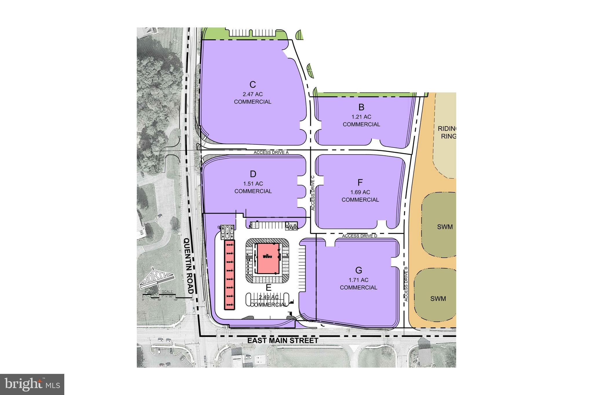 Commercial sites for sale.  Wawa will be anchoring the development along with 120 new apartments and an equine center.  All sites to be subdivided by Seller and site access road system completed.  Assessments and taxes to be determined.