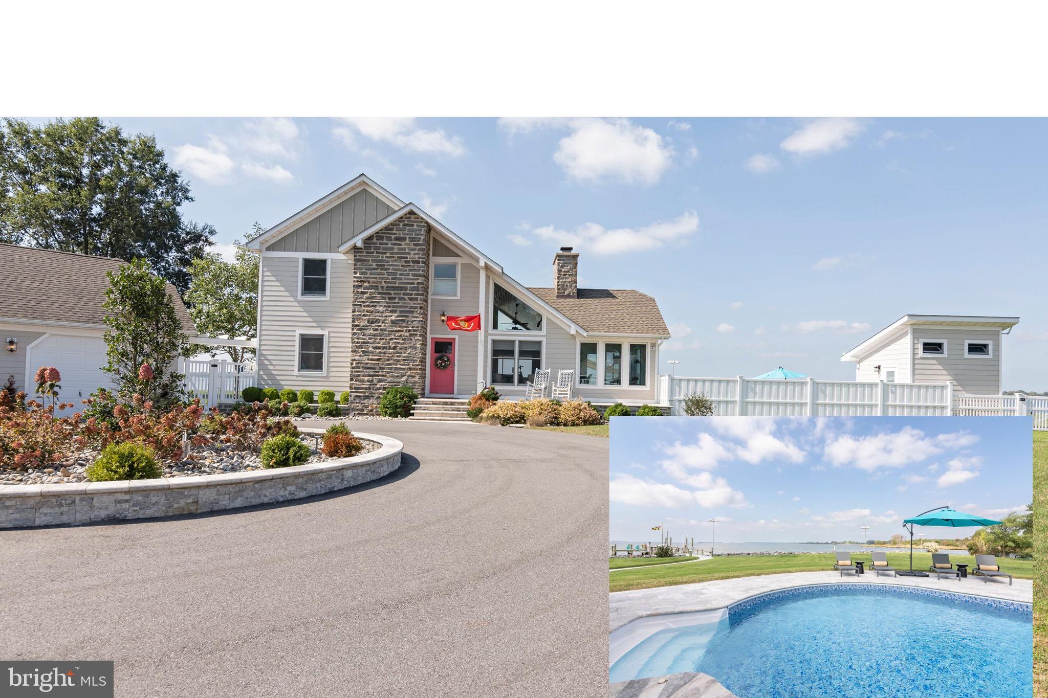 Welcome to Your Eastern Shore Waterfront Retreat. Enjoy the best of coastal living with three docks for boating, kayaking, and paddle boarding. The property features  a solar-heated pool with a travertine marble surround, an outdoor kitchen, fish-cleaning station, two boat lifts, a pool house with bathroom, and more.

Inside, you’ll find a gourmet kitchen, a double-sided wood-burning fireplace, and an open floor plan designed for easy entertaining. The first floor includes a guest suite with an attached bath, while the second floor offers a luxurious owner’s suite with every comfort, including a second-floor laundry.

A detached two-car garage includes a walk-up staircase with expansion potential for a guest apartment and has a sep. propane heater. . This truly remarkable property is just 45 minutes to Annapolis and about an hour from Maryland and Delaware beaches.