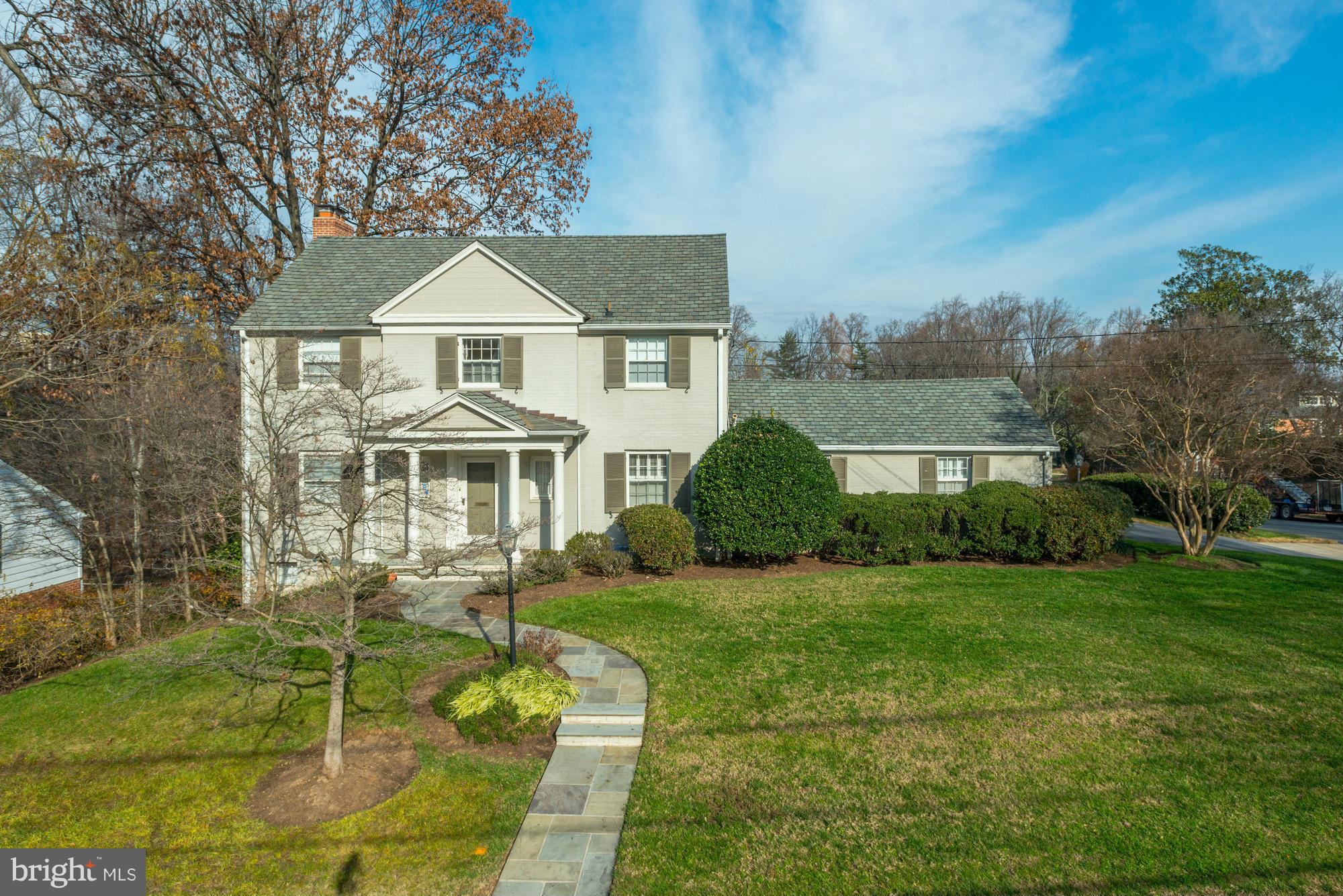 Graceful & elegant 6BR/4.5BA Chevy Chase gem with fantastic back deck and yard. Approx. 4600SF of living space. Well proportioned rooms, great flowing floor plan + beautiful millwork. Renovated eat-in kitchen and family room showcasing a vaulted ceiling + built-ins. Great deck for entertaining.  Main level master bedroom suite. Four finished levels. Two car attached garage and mud room.
