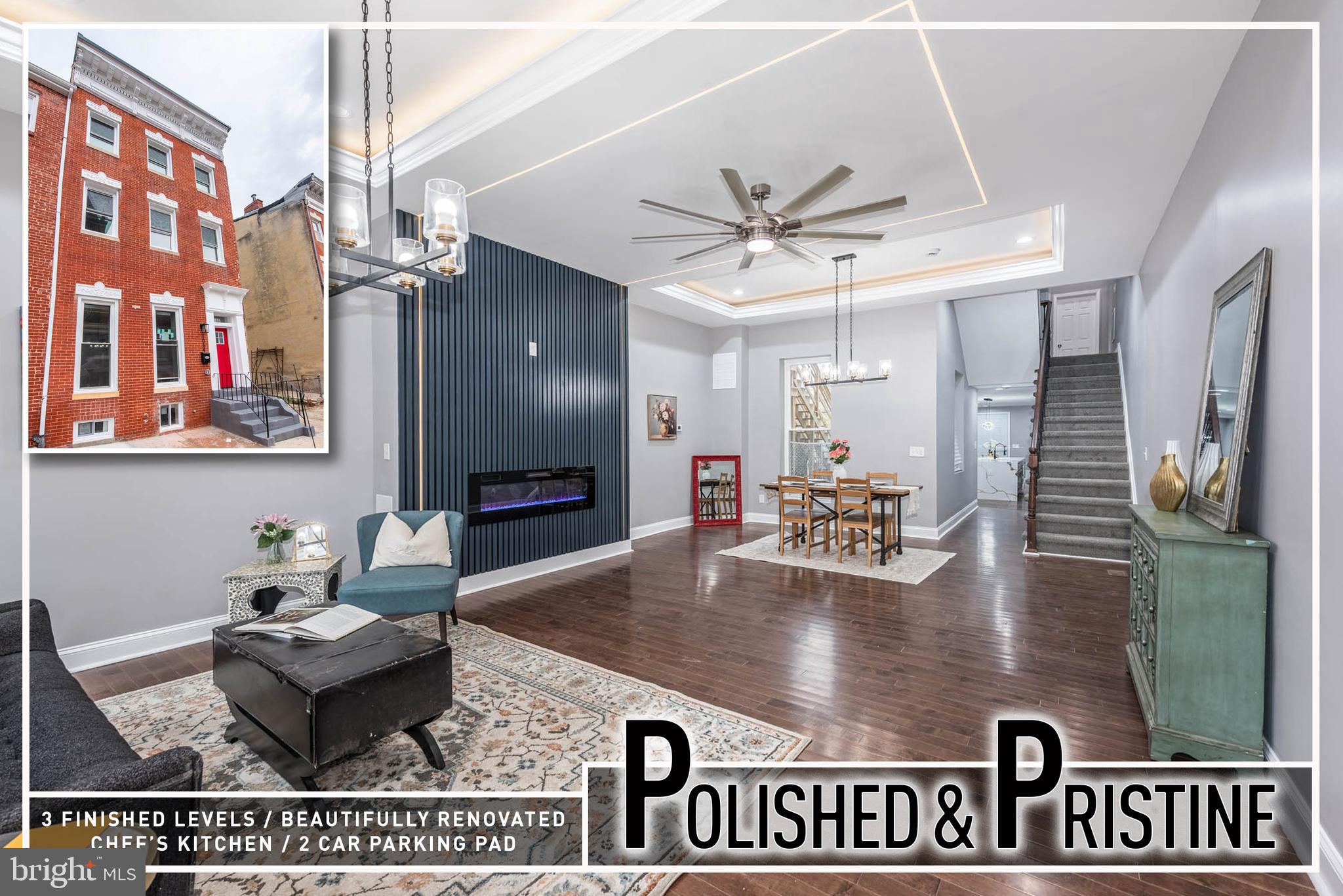 EXPANSIVE POPPLETON RENOVATION! This stunning, full-scale renovation offers an impressive blend of modern luxury and thoughtful design across three spacious levels. Step inside to an inviting open floor plan where the living room showcases an eye-catching electric fireplace with custom trim, and ample space for entertaining. The adjoining dining area flows seamlessly into the gourmet island kitchen, complete with sleek Quartz countertops, stainless steel appliances, a large center island with bar seating, abundant cabinetry, and a sunlit breakfast area—perfect for casual meals. A stylish main-level half bath adds convenience for guests.  The second level offers a well-appointed owner's suite with a generous walk-in closet and a beautifully updated ensuite bath, along with two additional bedrooms that share a modern hall bath. The expansive third-level is a true retreat—featuring a 2nd Owner's suite with a sprawling walk-in closet and a spa-inspired bath with double sinks, a separate glass-enclosed shower, and a soaking tub that invites relaxation.  The lower level provides an unfinished basement offering excellent storage potential. Additional upgrades include zoned heating and air for enhanced comfort and two-car off-street parking—a rare luxury in the city.  Eligible for the $10,000 Vacants to Value grant, this home delivers exceptional value and convenience. Located just steps from the revitalized Hollins Market and only minutes to Downtown Baltimore, UMMC, the stadiums, and major commuter routes—this is urban living at its finest! Call listing agent about $10K in closing assistance available