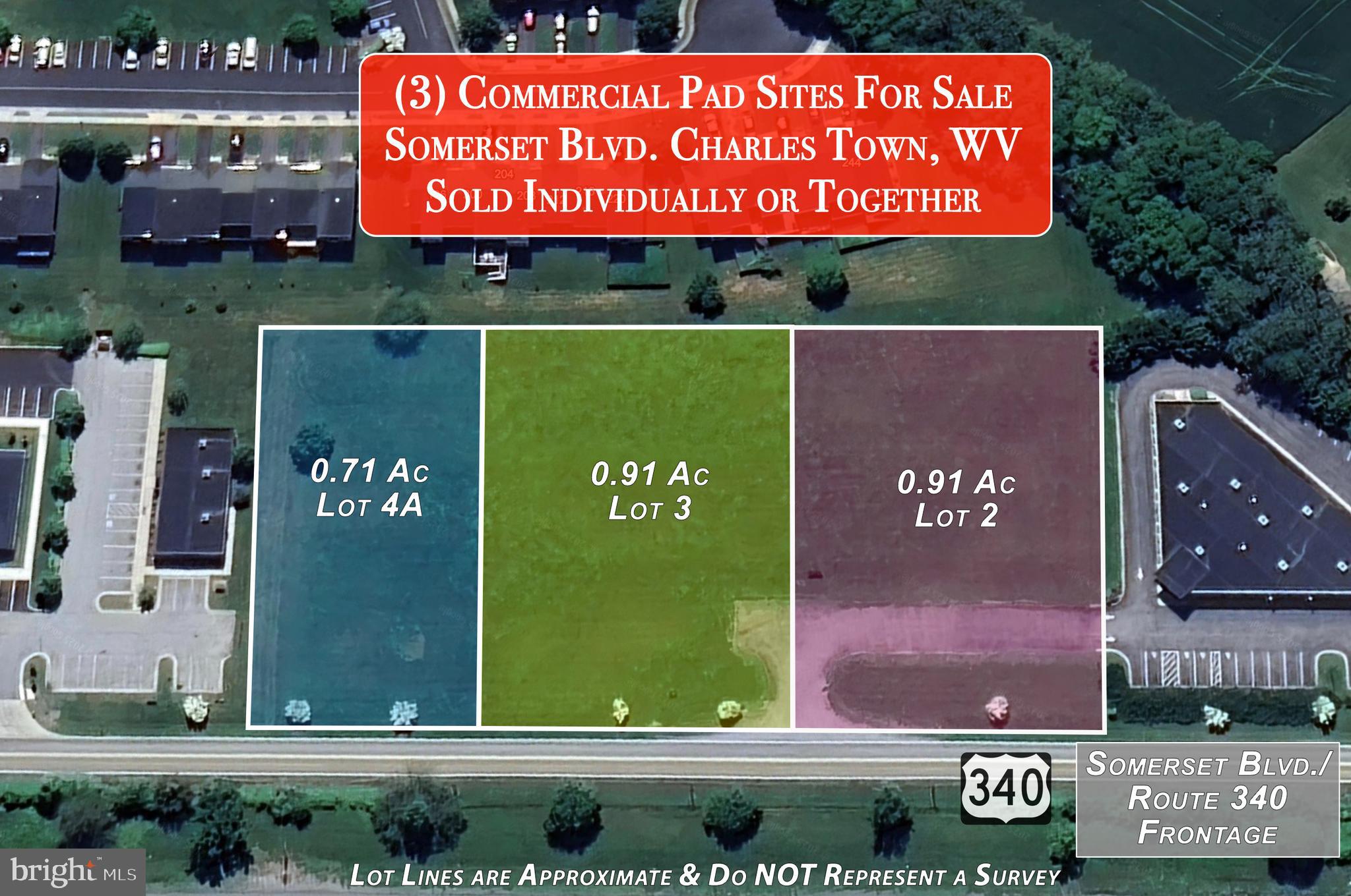 Prime Commercial Pad Sites located at Windmill Crossing in Charles Town WV with Route 340 visibility. Three lots are listed individually which are all adjoined.  This lot is 0.91 acres but we can comprise a total of over 2.5 acres with all 3 pad sites listed. Join other commercial enterprises in this area including Sheetz, Tractor Supply, Aldi, WVU Urgent Care, My Eye Doctor, Mountainview Professional Offices, Charles Town Family Dental etc.  Currently there are several hundred homes under construction and future home sites to be built in the thousands all less than three miles from this site.