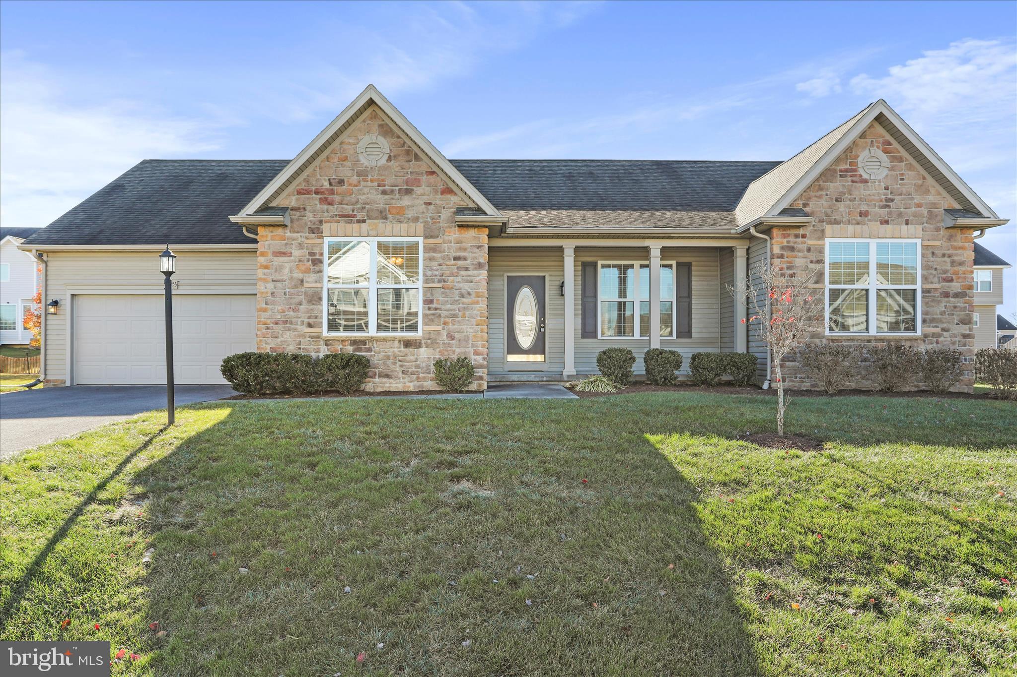 Very well maintained 3 bedroom, 2 full bath ranch with a full unfinished basement located in Bridle Creek subdivision! Featuring beautiful 3/4" hardwood floors throughout! The kitchen has been updated with lovely quartz countertops and includes an island, tile backsplash, lots of cabinets, an eating bar and a new dishwasher. The dining room is off the kitchen as well is a separate, cozy breakfast room with a gorgeous stone fireplace. Lots of natural light adorn this home. There is crown molding, chair rail and other decorative trim work nicely appointing the living areas. The laundry / mud room is off of the kitchen, leading to the garage. The primary bedroom suite features dual vanities, a luxury bath w/soaking tub, a separate shower and a walk-in closet. Two additional bedrooms are on the main floor, one front-facing and one rear-facing. The basement is unfinished and walks out to the backyard. The exterior of the home has a stone upgrade on front, attached 2 car garage, large rear patio, fenced in back yard and is well landscaped. The seller upgraded the entire HVAC system with a BOSCH furnace and A/C last year. Most of the hardwood floors are new and unblemished and blend perfectly with the kitchen cabinet and countertop colors. You'll definitely want to add this one to your favorites list. It's a great home in a prime location.