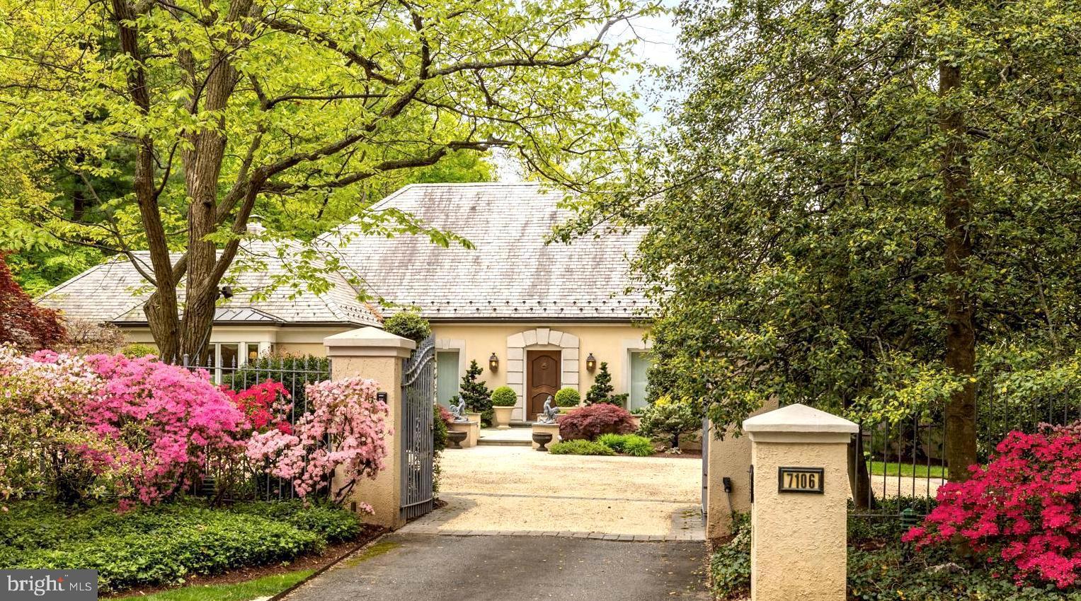 Spectacular single level living, perfect for grand entertaining. Bethesda's most enchanting backyard offers manicured gardens, expansive slate patios, outdoor kitchen, pond, pergola, spa and swimming pool. Winged Primary Suite includes his and hers bathrooms, storage loft, fireplace, and twin walk-in closets.