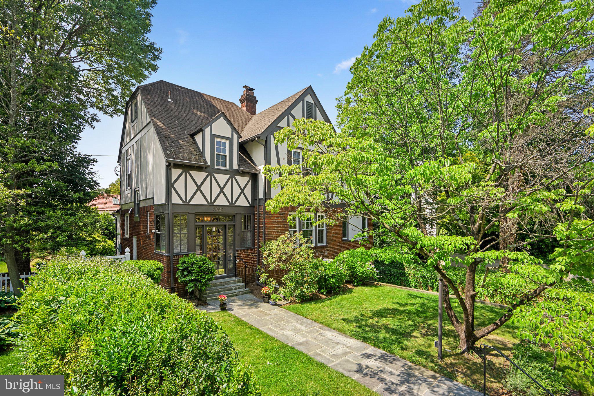 This light-filled, attractive Tudor has been tastefully updated by the current owners and offers an elegant floor plan. The main level provides a living room with wood-burning fireplace, dining room, family room, kitchen with island, powder room, and porch. On the second level, one finds a primary bedroom with en-suite bath and double closets, two additional bedrooms and a shared hall bath. The attic is finish and can be used as either a bedroom or home office. The lower level is fully finished and ideal for use as a family/media room, with a potential 5th bedroom, updated bath, laundry and garage access. Recent updates include all new windows, the installation of a custom garden shed, new zoned HVAC system (A/C in 2021 and furnace in 2018), and finished vestibule. Quality materials have been used throughout including bath fixtures by Waterworks and tile by Porcelanosa.  The back  garden is surrounded by mature trees and lovely hydrangeas.  Brookville Market, La Ferme, and Chevy Chase Park are within walking distance and one is close to DC, downtown Bethesda, and the Beltway.