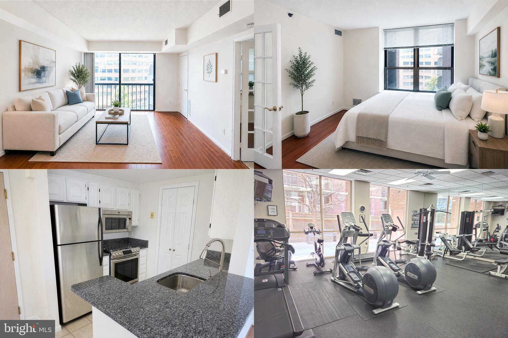 Schedule today! Offers are welcome. Updated open design and a modern feel.  The renovated kitchen and bath feature stainless steel appliances, granite countertops, and durable wood and tile flooring.

Enjoy the convenience of an in-unit washer and dryer; the assurance of the 24-hour front desk; and a separately-deeded underground garage parking space that conveys with sale. The building offers bicycle storage.

Enjoy the building's updated common areas, including an outdoor pool, fitness center, and meeting/party room. 

Ideally located across from the Bethesda Metro (Red Line) and just blocks from Bethesda Row, this location offers immediate access to shopping, dining, and major commuter routes. Close to DC, Rockville and other points of interest.

This unit has a comparatively low condo fee for a full-service building in a highly competitive location.  
Furnished photos are virtually staged.