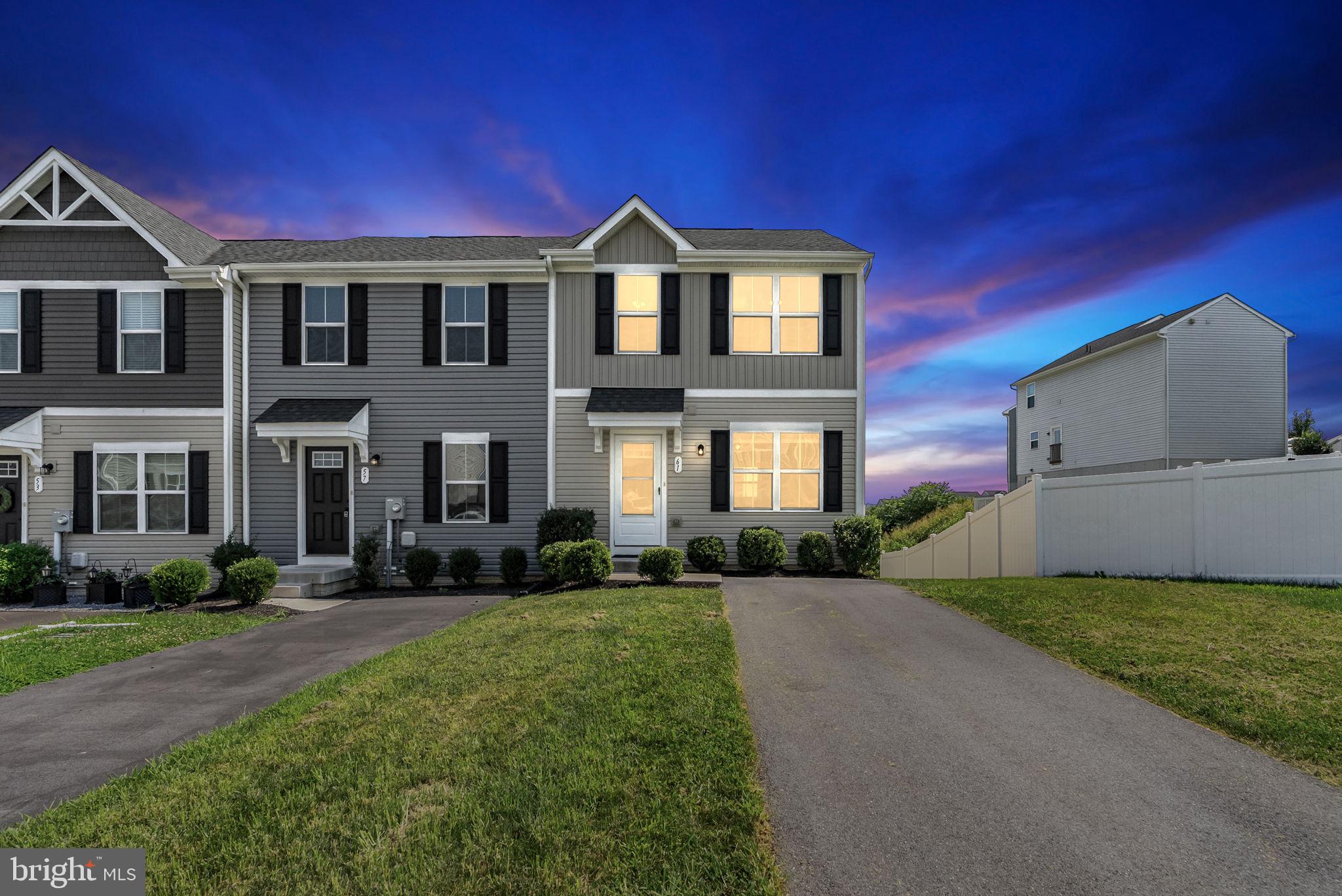 Welcome to 61 Sebago Place—a bright and inviting 3-bedroom, 2.5-bath end-unit townhome nestled in the desirable Stonecrest community of Martinsburg. Built in 2020, this well-maintained home offers a functional layout and neutral finishes, making it move-in ready and easy to personalize.

Step inside to find a light-filled main level featuring a spacious living room, a convenient powder room, and a well-appointed kitchen with beautiful black appliances, a center island, and a cozy dining area—perfect for both everyday meals and casual entertaining. Upstairs, all three bedrooms are equipped with ceiling fans for added comfort, and the laundry room is thoughtfully located just down the hall for convenience.

The unfinished basement provides a flexible space ready for storage, a home gym, or future finishing—offering value and potential for long-term growth. Outside, enjoy a modest backyard and paved driveway, with the added benefit of end-unit privacy and extra natural light from additional windows.

Located just minutes from schools, shopping, dining, and local parks, this home combines comfort and practicality in a prime commuter-friendly location. Whether you're a first-time buyer or simply looking for a low-maintenance home with room to grow, 61 Sebago Place checks all the boxes.