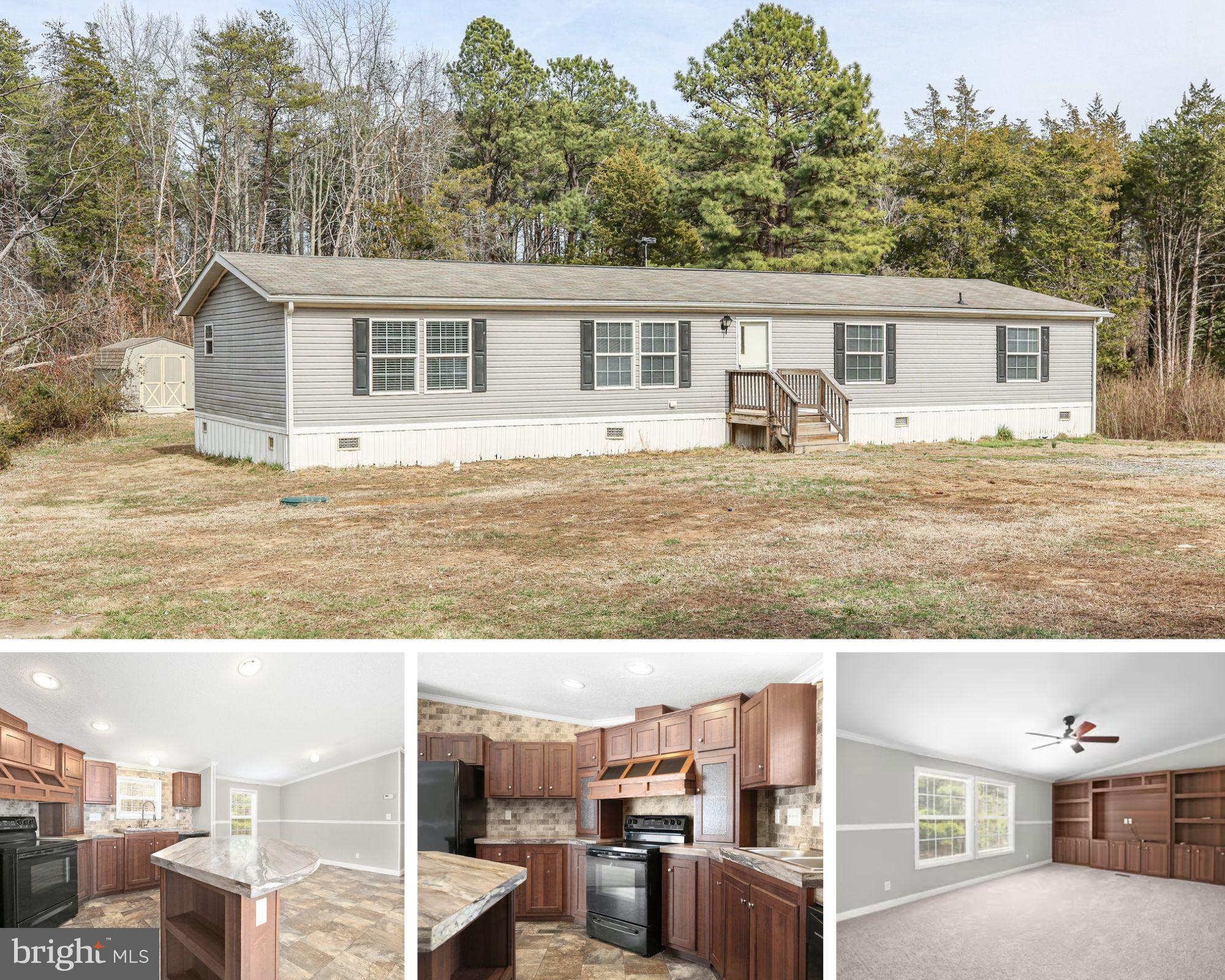 Like-new, country living awaits... on five-plus acres in delightful Woodford! Introducing 14247 Stonewall Jackson Road. Constructed in 2019 and under its current owners care since day one, it includes three
bedrooms, two baths and approximately 1,800 square feet of living space. It sits on a 5.5-acre lot in Caroline County. If a no-HOA lifestyle and pure country bliss—while still being close to everything that matters—are at the top of your wish list, get ready to fall in love! Looking at the acreage here, approximately half of it is cleared and half is wooded, where cedars and palm trees abound. There is nearly 100 feet of road frontage and nearly 700 feet of gravel driveway, which segues from the road to the home itself. For parking, there is a detached one-car garage. For those lawn tools and toys, there is a shed with a ramp. Inside, you’ll note the brand new carpet that has been installed throughout! Immediate highlights include the super-spacious living area and the kitchen, which includes wood-grain cabinetry, stainless steel appliances (including a French door refrigeration) and neutral counters. Off the living room is the vast primary suite including a big-walk-in closet, two sinks and a shower. The additional two bedrooms and one bath are down a hallway off the living room. Note that both of these secondary bedrooms have two closets. Between them is the full bath complete with a dual-vanity sink and tub/shower combo. Across the hall from the first bedroom down this hall is the laundry room with rack storage as well as a door to the back yard. And, across from the second and third bedrooms is a marquee feature of the residence – a second family room! It includes a built-in entertainment center that can fit up to a 65-inch TV. Systems-wise, the homes HVAC and hot water heater are both running well. A new septic pump and well pump have just been installed! While exuding an undeniably country charm, the home is close to so much in the broader Fredericksburg area. Thornburg is a straight shot west – within 10 minutes you can be to the I-95 exit as well as grocery/shopping/dining selections and the new Kalahari Resort, once completed. Cosner’s Corner, Spotsylvania Regional Medical Center, the Massaponax I-95 exit, and Spotsylvania VRE station are all within 15 minutes. You can be to the heart of Downtown Fredericksburg within 20 minutes! For serenity, single-level living and convenience, 14247 Stonewall Jackson Road is a must-see!