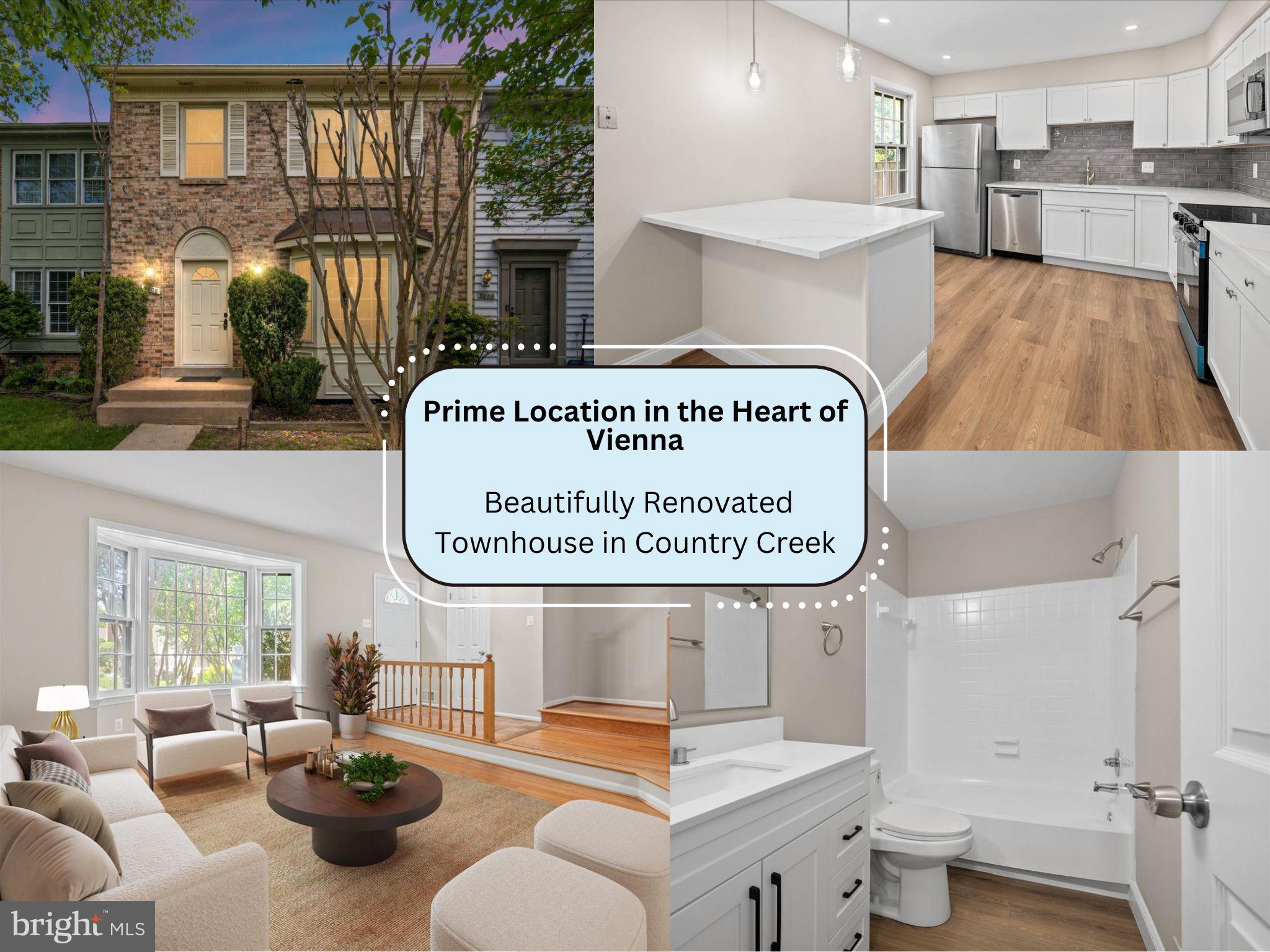 Welcome to this move-in ready townhouse in the sought-after Country Creek community, ideally located in the heart of Vienna. You won’t want to miss this beautifully updated home, thoughtfully renovated throughout and truly turnkey!!

The main level features an open-concept living and dining area highlighted by a charming bay window that fills the space with natural light. The fully renovated kitchen (2026) offers bar stool seating, eat-in table space, a pantry, updated stainless steel appliances, and brand new cabinetry, quartz countertops, backsplash, and lighting. A brand new sliding glass door (2026) leads directly to the private patio, creating an ideal flow for indoor-outdoor living. This level also includes a powder room and a spacious coat closet.

Upstairs, the primary suite features a completely renovated bathroom (2026) with a brand new walk-in shower, updated vanity, new flooring, and fixtures, along with a walk-in closet and ceiling fan. Two additional bedrooms with ample closet space share an updated hall bath with a freshly glazed tub, new vanity and lighting, newer toilet, and new LVP flooring.

The lower level offers a cozy recreation room with a wood-burning fireplace, an additional den/flex space, a full bathroom with walk-in shower, and a finished laundry room—providing both functionality and flexibility.

Upgrades throughout the home are extensive and thoughtfully completed, including fresh paint throughout (walls, doors, and trim), a fully remodeled kitchen with new cabinetry, quartz countertops, LVP flooring, recessed and pendant lighting, new sink, and new range (with other appliances recently updated). The primary bathroom has been fully renovated top to bottom, and additional improvements include a new front door, new sliding glass door, new electrical panel (2026), updated powder room and hall bath, and new fixtures throughout. Please see full list of updates in documents.

Perfectly positioned just a short walk to the Vienna Metro, this home offers effortless commuter access to I-66, I-495, Route 29, and Route 50, with both Dulles and Reagan National airports approximately 30 minutes away. Enjoy nearby Nottoway Park with its trails, sports fields, tennis courts, community gardens, and picnic areas, along with convenient access to shopping, dining, and everyday essentials.

Zoned for the highly regarded Oakton High School pyramid and just minutes to the Town of Vienna, Tysons, and the Mosaic District, this home delivers the perfect combination of location, updates, and long-term value. An outstanding opportunity to enjoy Vienna living at its best.